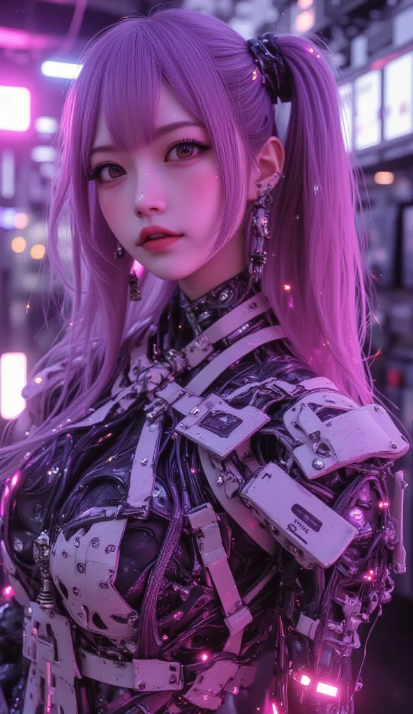 masterpiece, of the highest quality, Best Quality, Official art, Beautiful and aesthetic:1.2),(1girl in:1.4),Full body,([Pink|Blue] hair:1.5),ighly detailed,(Fractal Art:1.3),(Colorful:1.5),highest details,(Mechanical modification:1.3),(corrected:1.2),Maiden,(A complex mechanical conduit is inserted into the back:1.5),catheter,(Neon background:1.4),(Neon City:1.75),Night,Large breasts,(Gothic_Lolita:1.2),high-heels,(:0.75),makeup,blush,(Cyberpunk:1.4),((Looking at Viewer)), Nikon D850 Film Stock Photography 4 Kodak Portra 400 Camera F1.6 lens rich colors hyper realistic lifelike texture dramatic lighting unrealengine trending on artstation cinestill 800,