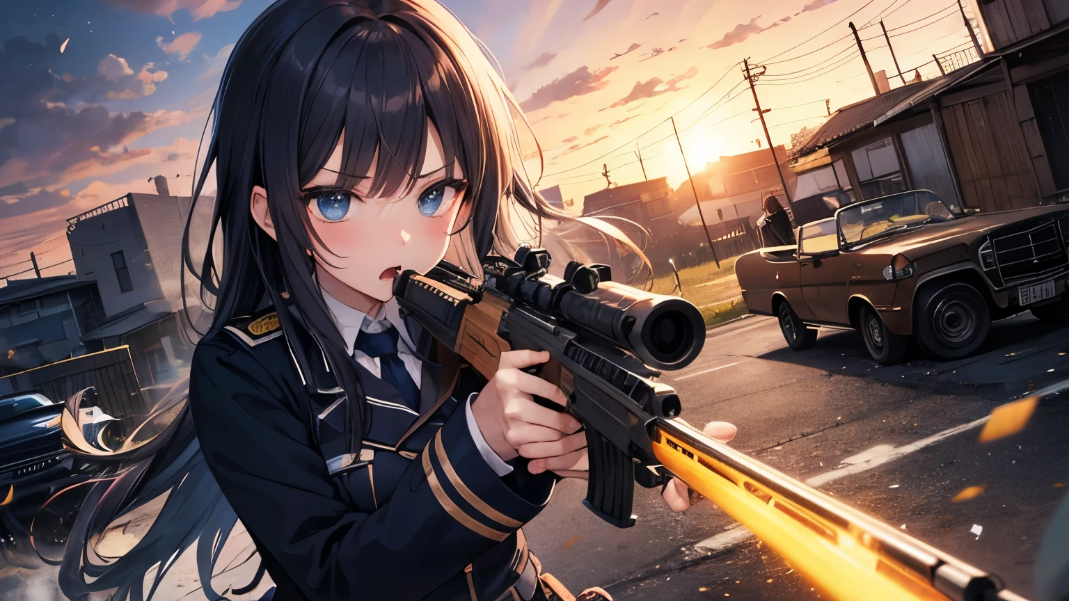 uniform、woman、anger、night、battlefield、Battleground、Western Town、Holding a shotgun、Like the cover of the anime Kojo Senki