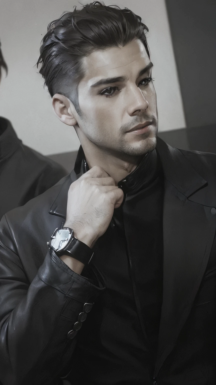 create a latino facing 3/4. He has slick hair back. dressed with a leather jacket