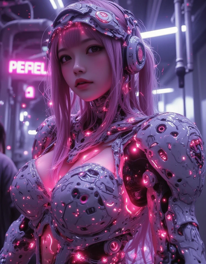 1 girl, Japanese, metallic black titanium and pink, cyberhan, China dress, cyber punk city, dynamic pose, detailed luminescent headphones, luminous hair accessories, long hair, glowing earrings, glowing necklace, cyber punk, high tech city, full of mechanical and futuristic elements, futuristic, technology, shining neon, pink, pink light, sexy skirt, translucent black cape, Laser Light, digital background urban sky, big moon, with vehicle, 最high quality, masterpiece, 8K, character edge light, ultra high resolution, high quality, the most beautiful woman of mankind, smile, face is facing forward.、It is symmetrical, earrings, long antenna glow, Beautiful pupils, light effect, visual data, silver-red-orange hair dyed hair, Super detailed facial texture, Happy, weapon system, crowded street passers-by, Mecha style, Overhead light-emitting antenna, Backjet, girl sitting