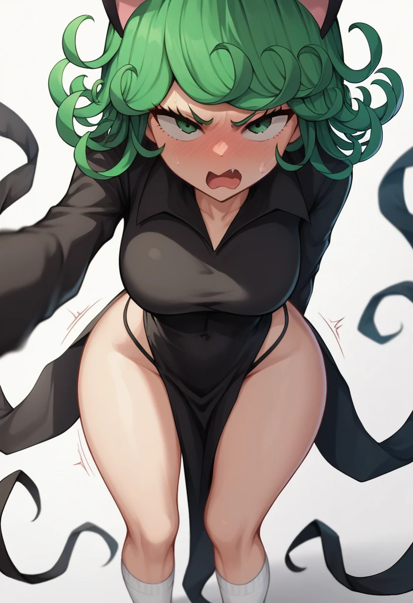 score_9, score_8_up, score_7_up, score_6_up, score_5_up, score_4_up, (source_anime), one punchman, 1girl, solo, ((tatsumaki)), Sweaty, six pack, Slim waist, small breast, thick thighs, Defined abdomen, puffy nipples, Squeezing the breasts with the hands, Holding her breasts, Very embarrassed, angry cute, fat pussy