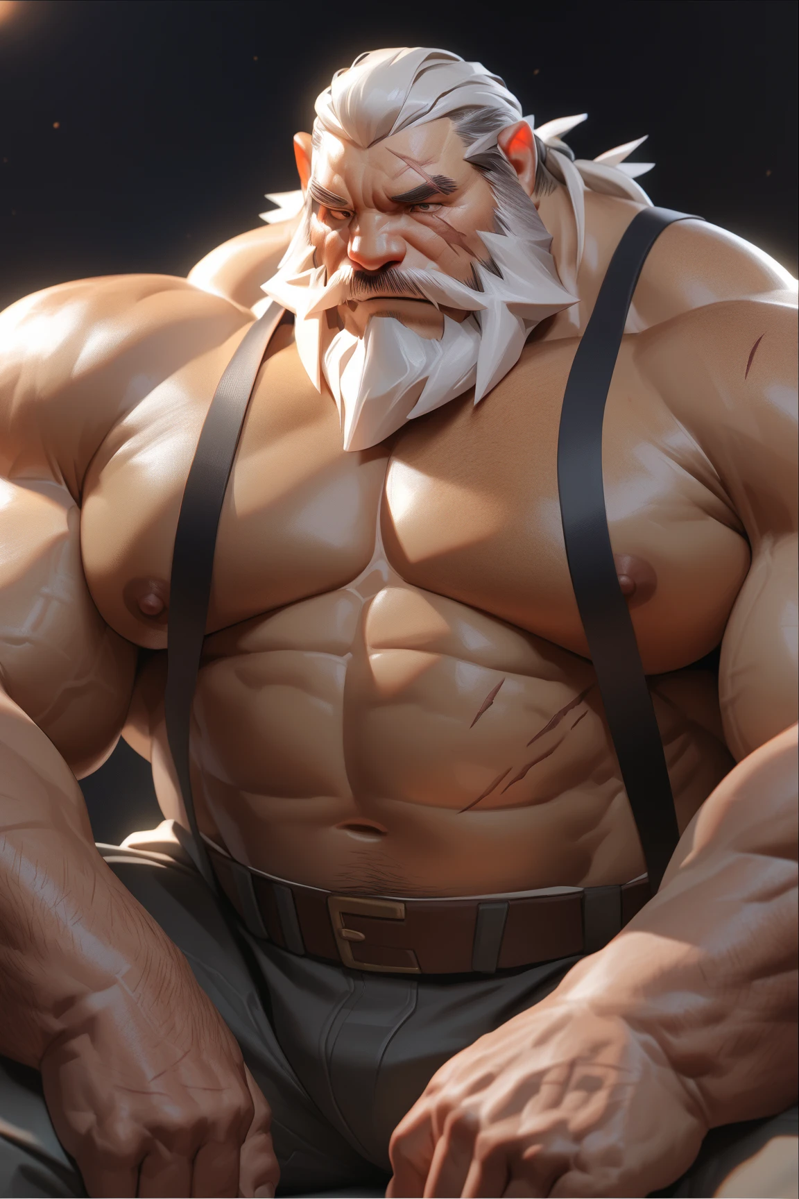 Solo, Torso of bearded shirtless topless old muscular man with his arms up, strong chest, strong arms, large muscles, white hair, white beard, muscular, thick abs, pectorals, thick stomach, navel, large pectorals, thick wrists, big body, heavy muscular, tall body, grey training pants, sweating, (chubby: 1), arms fully over the head