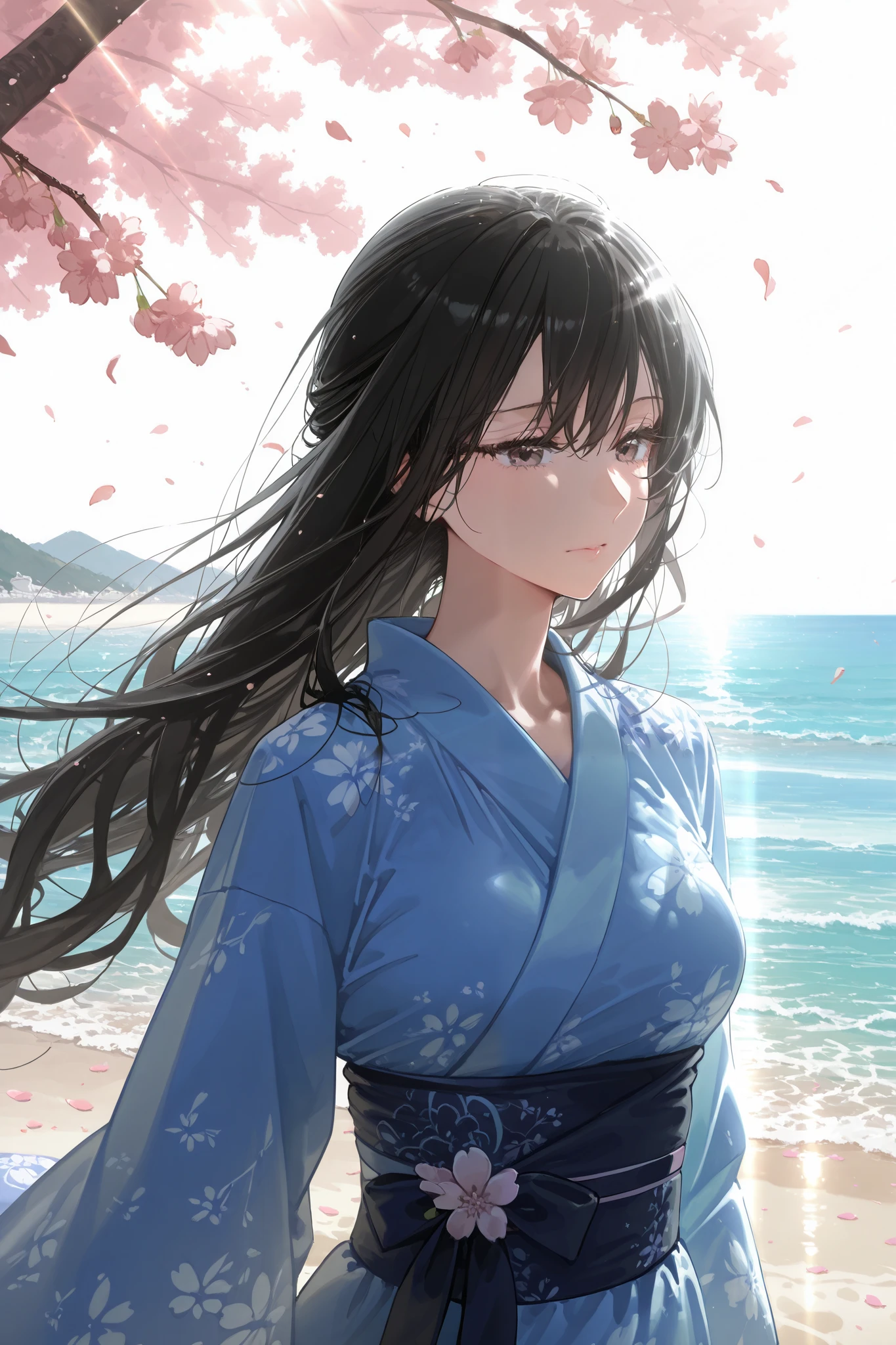 1 woman, black hair, scattered hair , beach,sight,landscape,Cherry blossoms, falling petals , Sun beam ,God's Ray,Upper body, color,dress,kimono