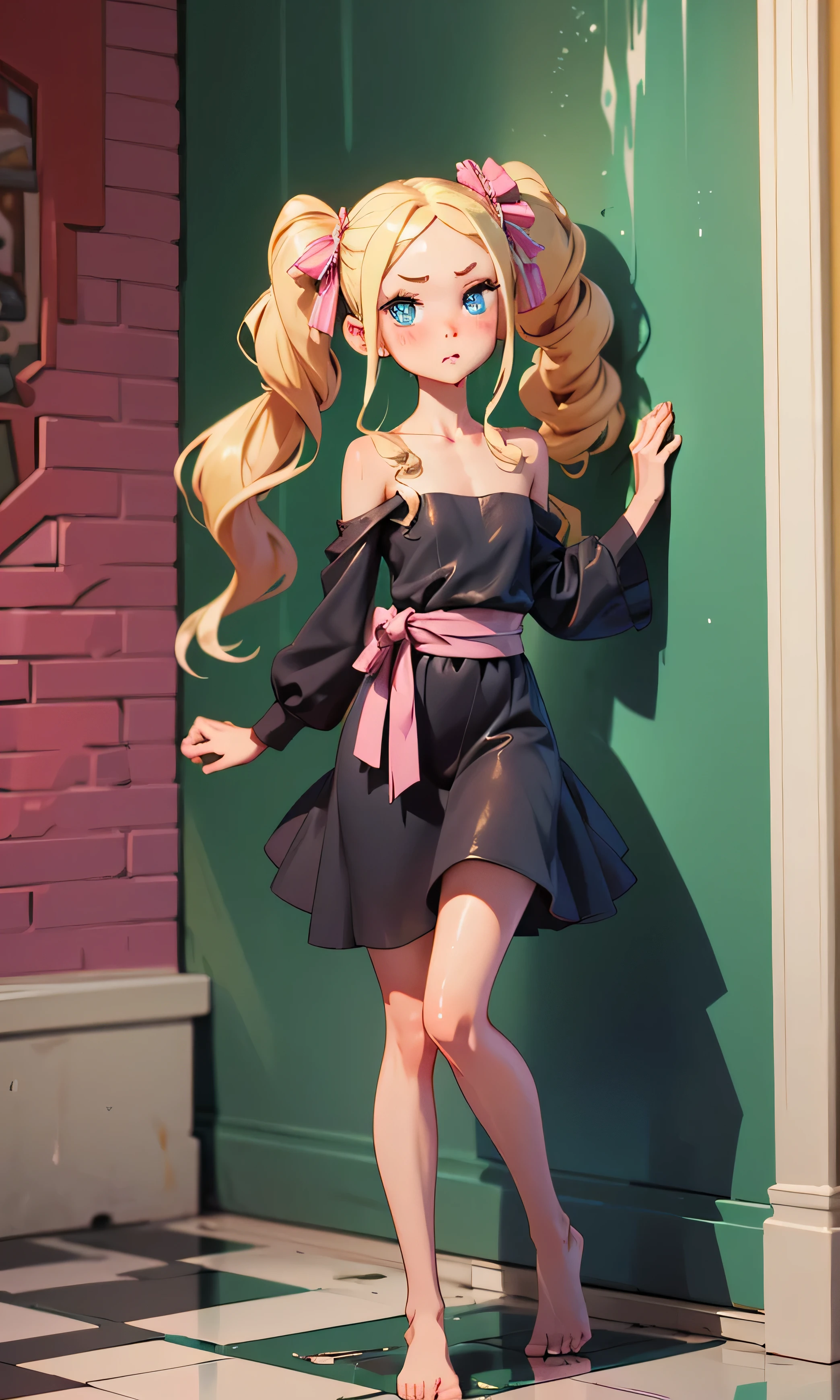masterpiece, great detail, 1 girl, ite, beatrice, head on, looking at the viewer, slim and tall, blonde hair, two pigtails, blue eyes, textured skin, blush, full body, pretty legs, ((naked)), pink pijamas, black dress, sexy pose, long legs, hands against the wall, in a Castle, wet floor, feet