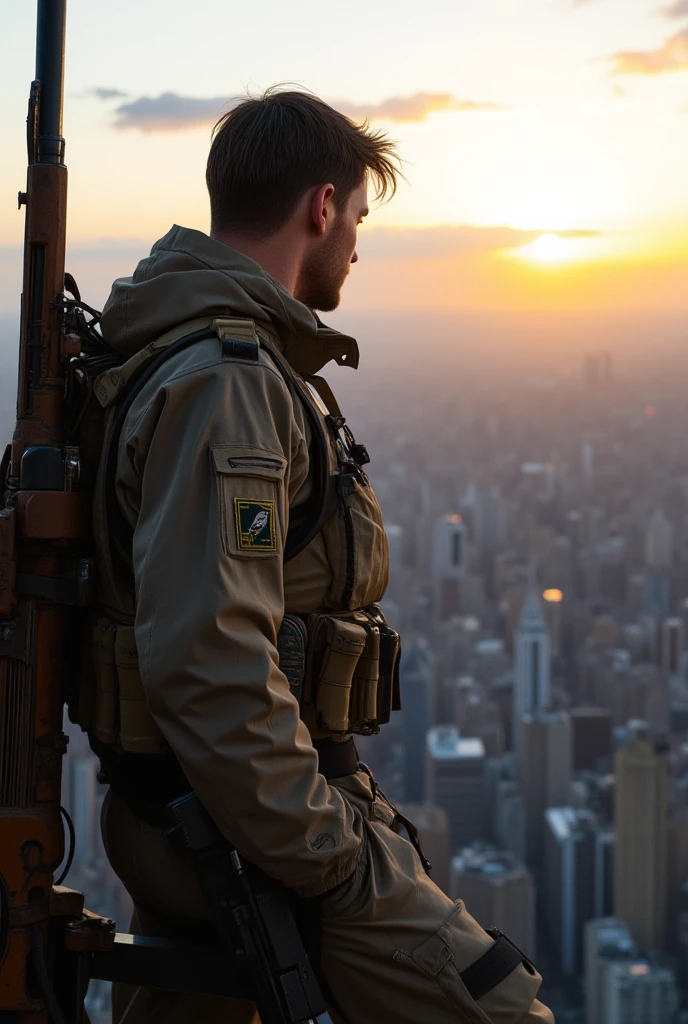 A soldier looking from a sniper tower at a metropolis at dusk. intricate details of the uniform: wear, buckles and leather. urban setting.. side view
