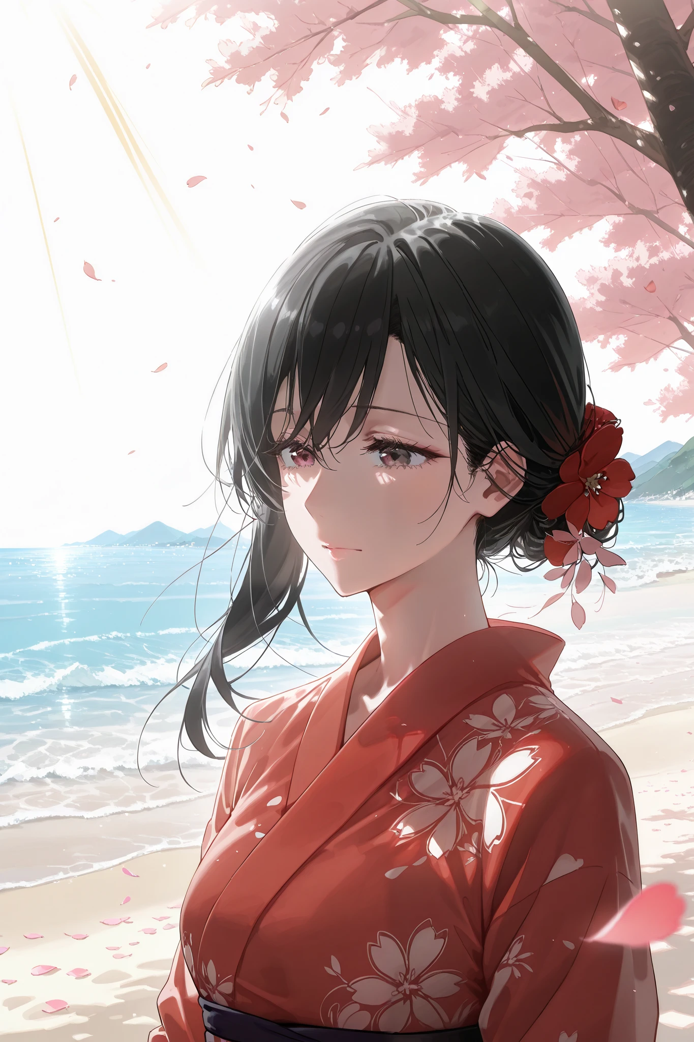 1 woman, black hair, scattered hair , beach,sight,landscape,Cherry blossoms, falling petals , Sun beam ,God's Ray,Upper body, color,dress,kimono