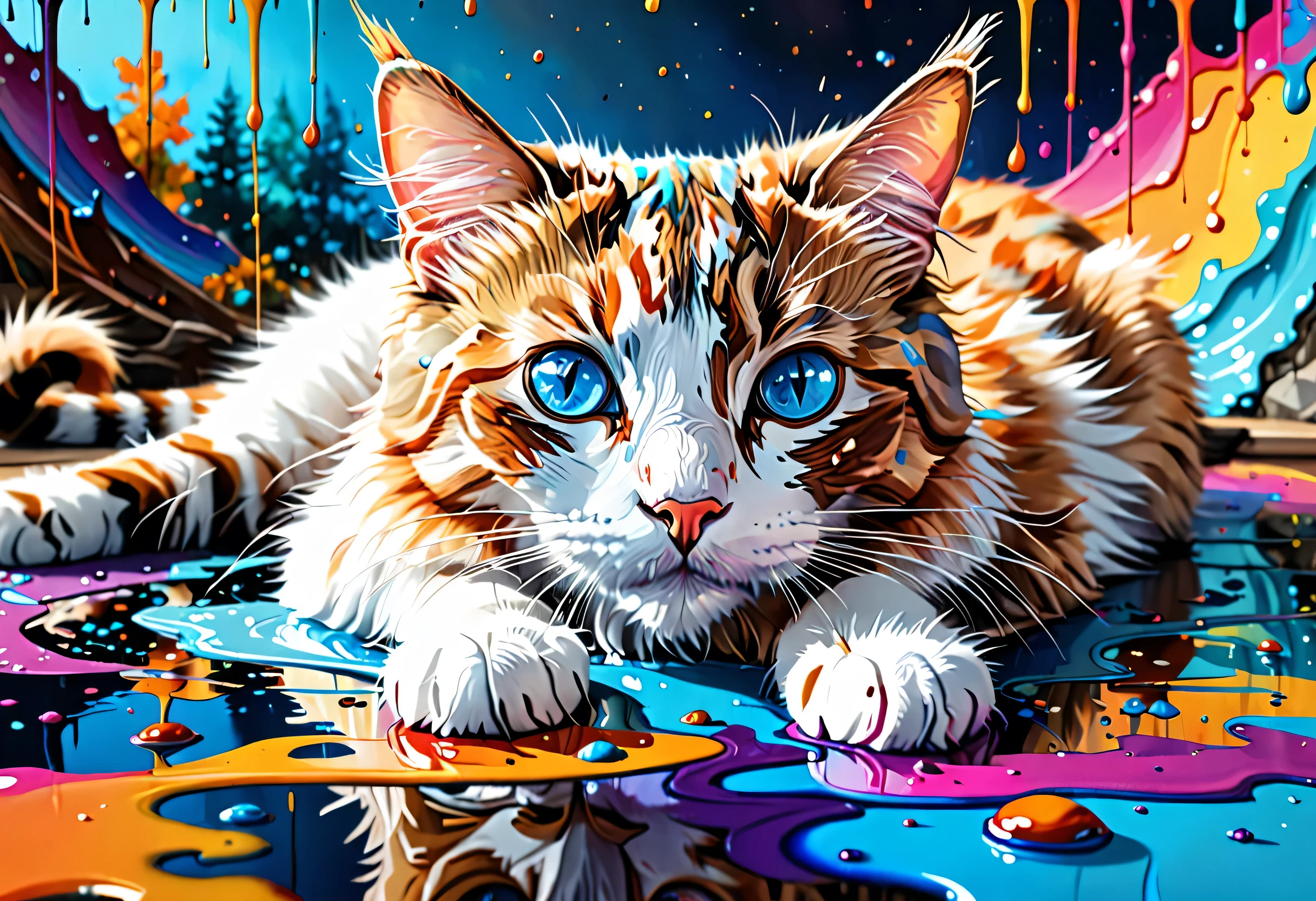 painting of a cat with blue eyes laying on a colorful table, a digital paint inspired by Cyril Rolando, splatter dripping paper depicting colorful landscapes with rivers , Furry Art, 4K Highly Detailed Digital Art, BEAUTIFUL 4K ART , cat. digital paint, 4K Detailed Digital Art, Detailed painting 4k, hd digital paint, high quality digital paint, Digital Art 4K