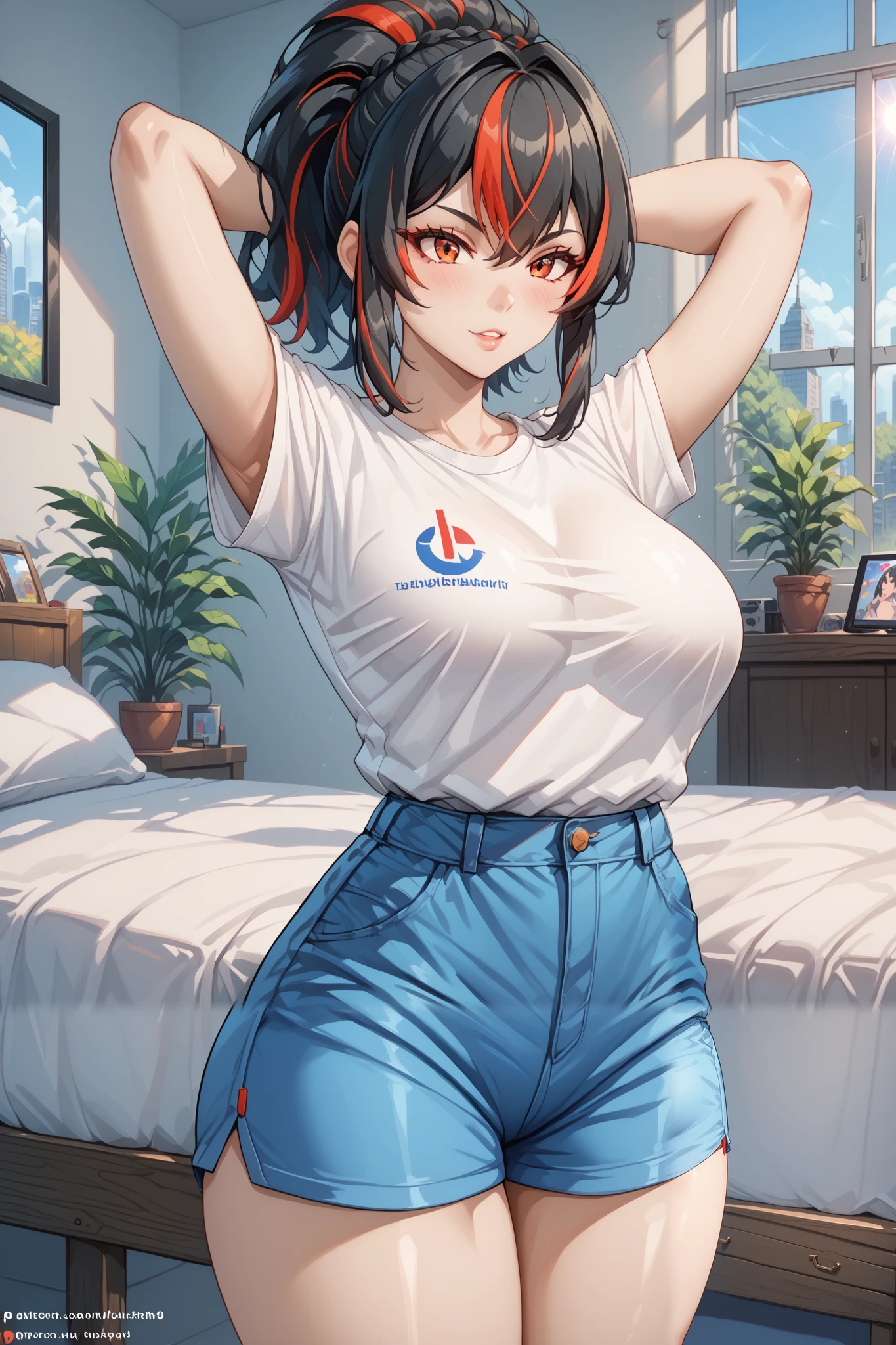  Masterpiece ,  extreme detail ,semi realistic,nsfw,solo, 1 woman, zhu yuan, streaked ponytail hair, fullbody, long legs, very large breasts, blusesh cheeks, kawaii face, white sexy t-shirt, short pants,arms behind head, sit on the wood chair, lookinh at the viewers, red nails hands, bed rooms, sun light in the windows