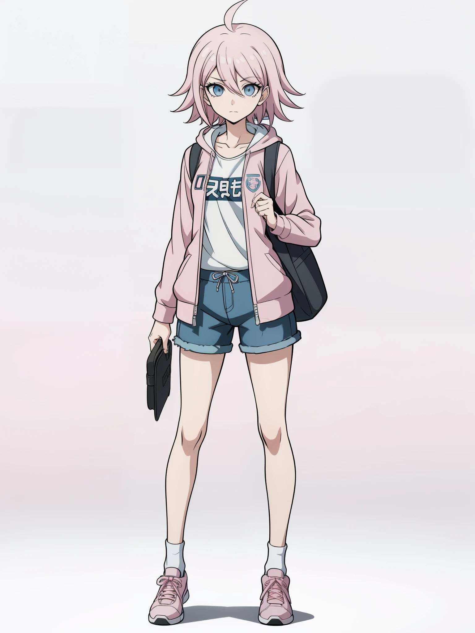 (high-quality, breathtaking),(expressive eyes, perfect face) 1girl, female, solo, young ager, danganronpa art style, pink color hair, blue eye color, short hair length, fluffy hair, Symmetrical Eyes, portrait, sprite, positive expression, grey background, narrow eyes, half open eyes, holding handheld camera, photographer, shutterbug, open jacket, school backpack, pink shirt, white hoodie, baggy denim shorts, slim build, short height, flat chest, small socks, sneakers, mismatched socks, standing straight, facing viewer, looking at viewer
