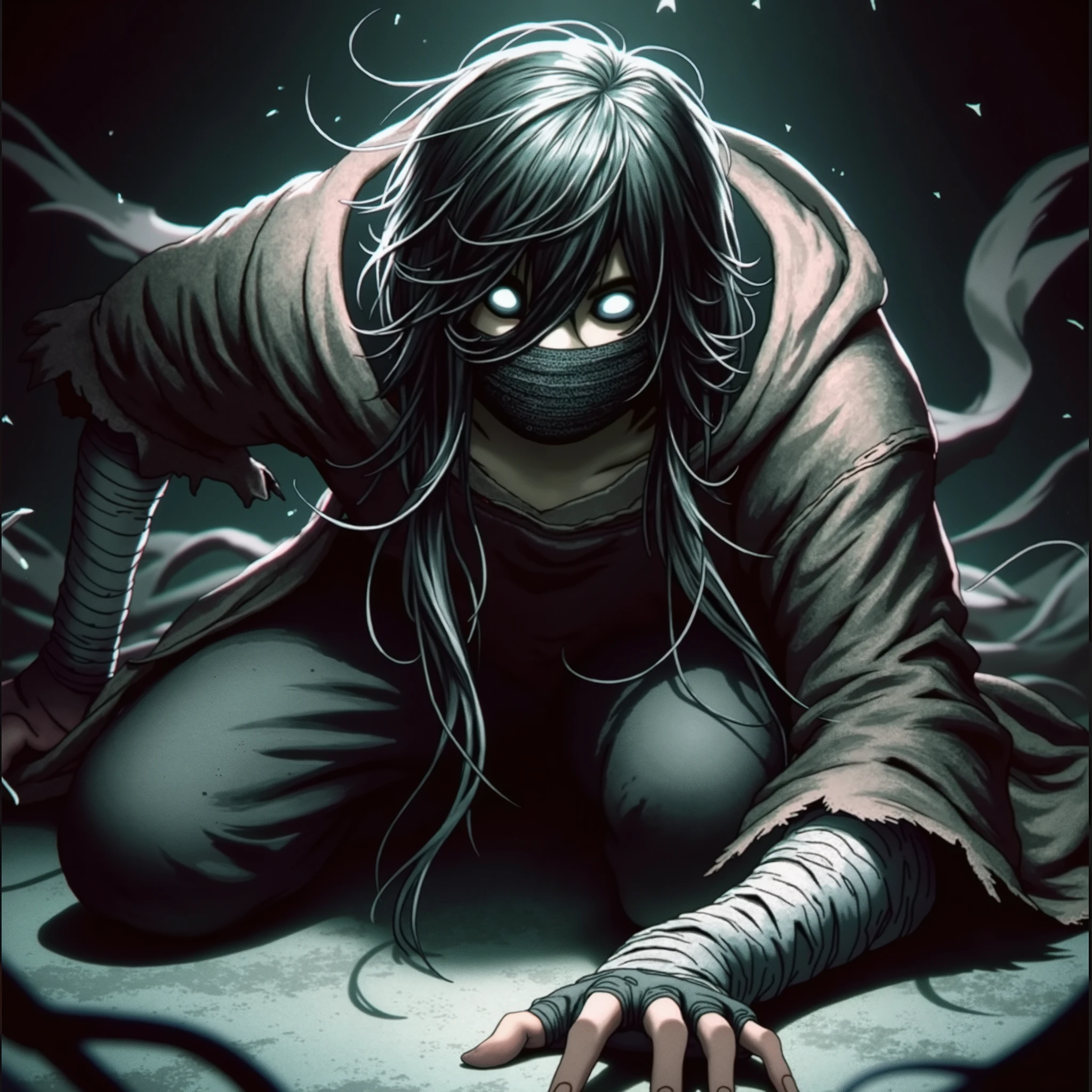  fem human with 100 inch long black hair blank full face mask wearing baggy comfy clothes crawling to veiwer looking up at viewer,in dimly lit room, view from above, fullbody, anime, digital art