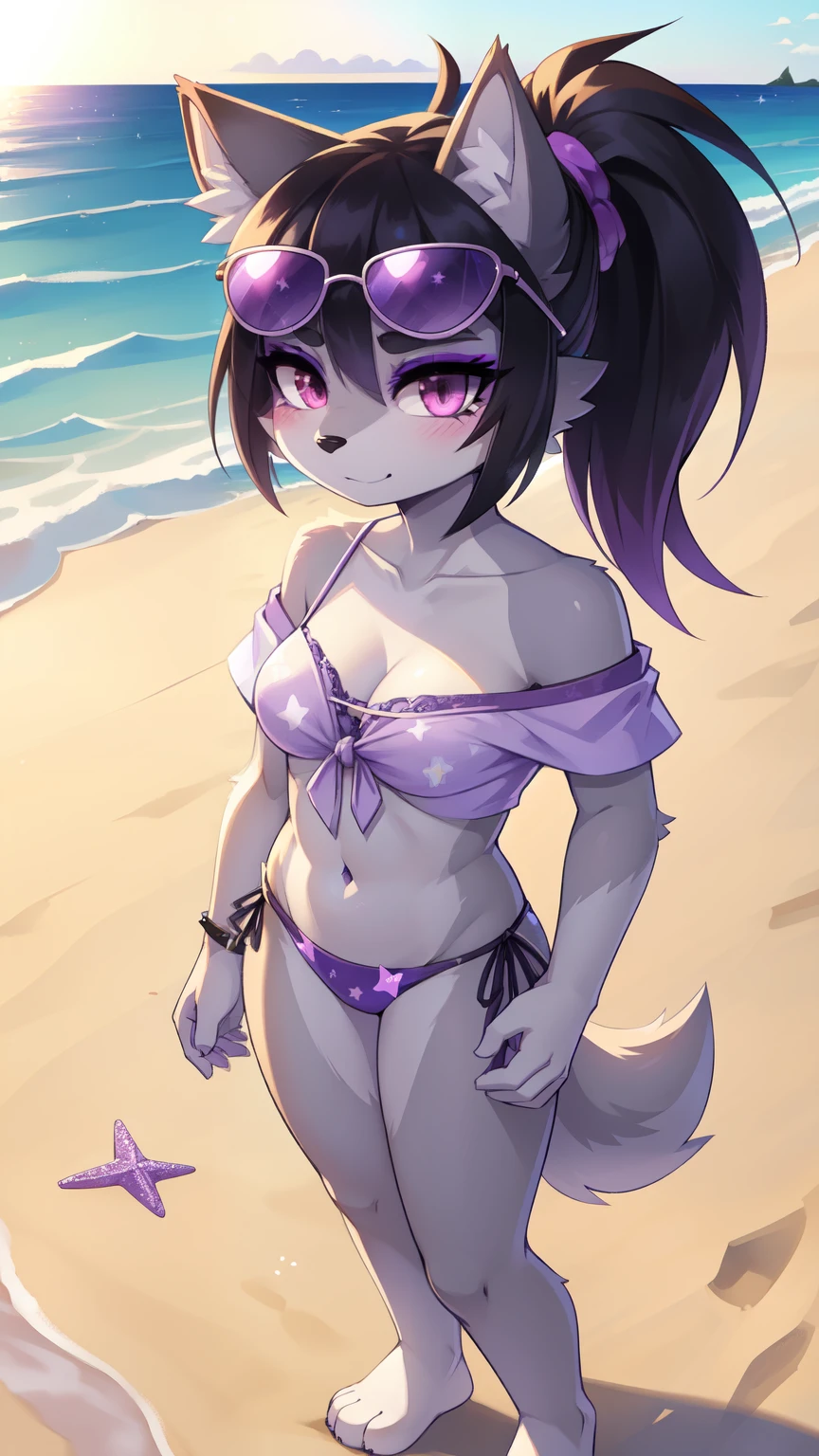 Solo, Anthro, Female, Solo, smug smile, (half-closed eyes), purple Hair (black hair, two-tone hair), purple Tail, (Fishnet stockings, spiked collar, spiked wristband), (cyan eyes), looking at the viewer, (medium breasts, hips), (rabbit), (beach, sunny day), (purple body, two-tone fur), extremely detailed, extremely detailed legs, extremely detailed arms, extremely detailed face, perfectly detailed eyes, perfectly detailed anatomy), perfect lighting, (hair over eye, one eye obstructed:1.1), (leanining fordward), (black bikini), (emo girl), (hardline, outline), furry anime kemono, (lineart:0.6), (flat shading, flat colors:1.1), (vibrant colors:1.1), [by dagasi|ancesra:1.4]