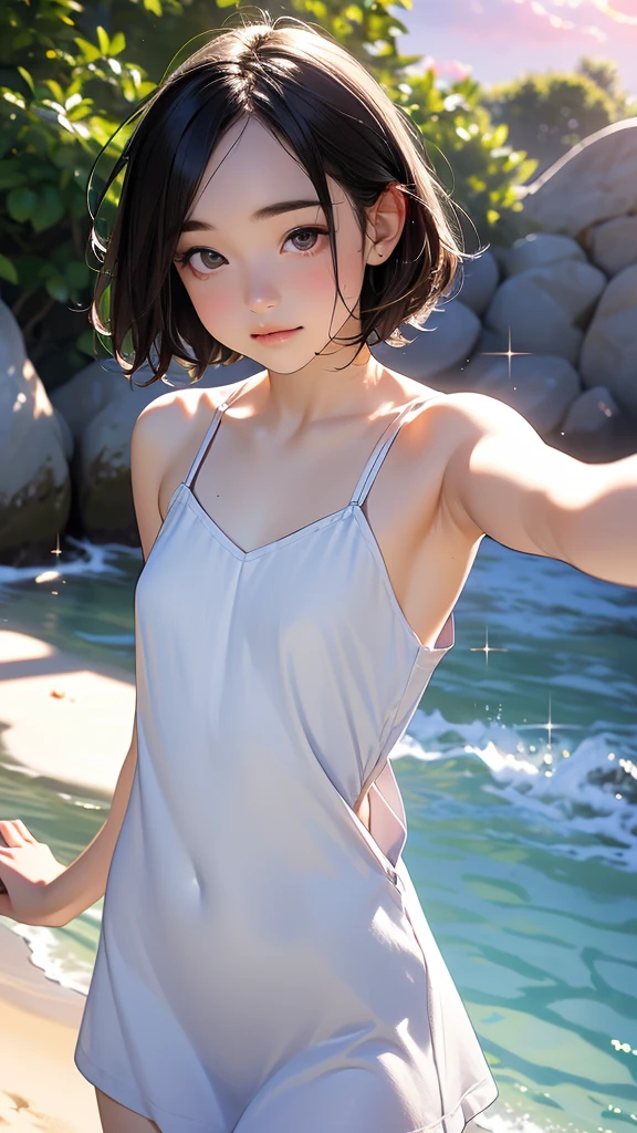 one girl, (12years old:1.4),(Very Young Face), (japan Person famous idol), face, cute face, ash gray hair:1.5, bob hair, short hair, camera's line of sight, small breasts, An ennui look, (((camisole, dress))) , particles of light, sea of ​​sunset, calm sea, white sand beach, very beautiful sunset, RAW photo, highest quality, High resolution, High resolution, masterpiece:1.3, 32k, professional photographer,(Enhances the beauty of skin texture:1.1),((Extremely precise and accurate anatomy:1.0)),Kind eyes,Graceful pose,(Beauty of form:1.4) Golden ratio, big eye,(nature's providence:1.4),