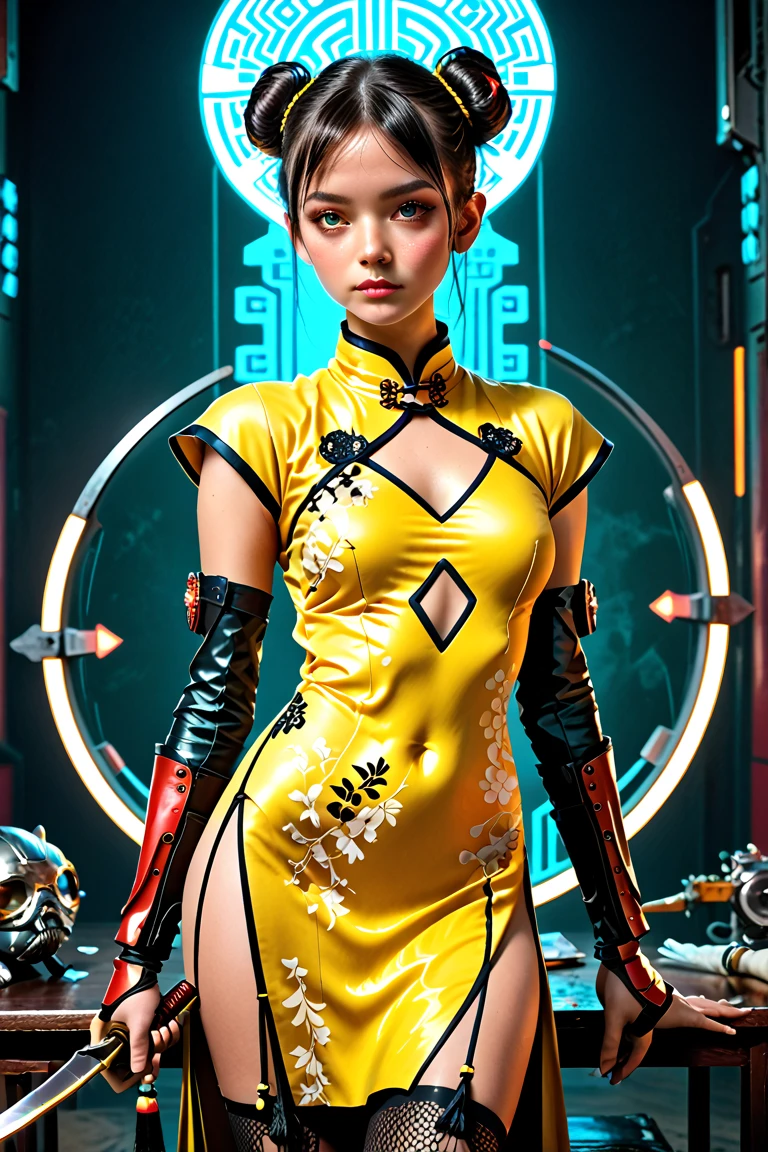 masterpiece, best quality, amazing quality, very aesthetic, absurdres, newest, realirtic, photorealistic,
1girl,solo,standing,Compound bow in hand,the other hand get arrow,looking at viewer,black hair,high twintails,black eyes,
turquoise ultra-short high-slit Chinese cheongsam,turquoise china dress,  bodysuit, see-through Laser juliet puff sleeves, (leather arm guards:1.4), tassel, Chinese cloud shoulders,Chinese style moire, belt, thighhighs under boots, chest cutout, Head with red feather decoration, high heels, headphones, sheath,
Compound bow \(weapon\), arrow \(projectile\), quiver,knife,simple background,grey background,
cyberpunk,perfect curves,(pastel colors:1.2),  cyberhanfu,cheongsam,chinese_clothes,Chinese cheongsam,