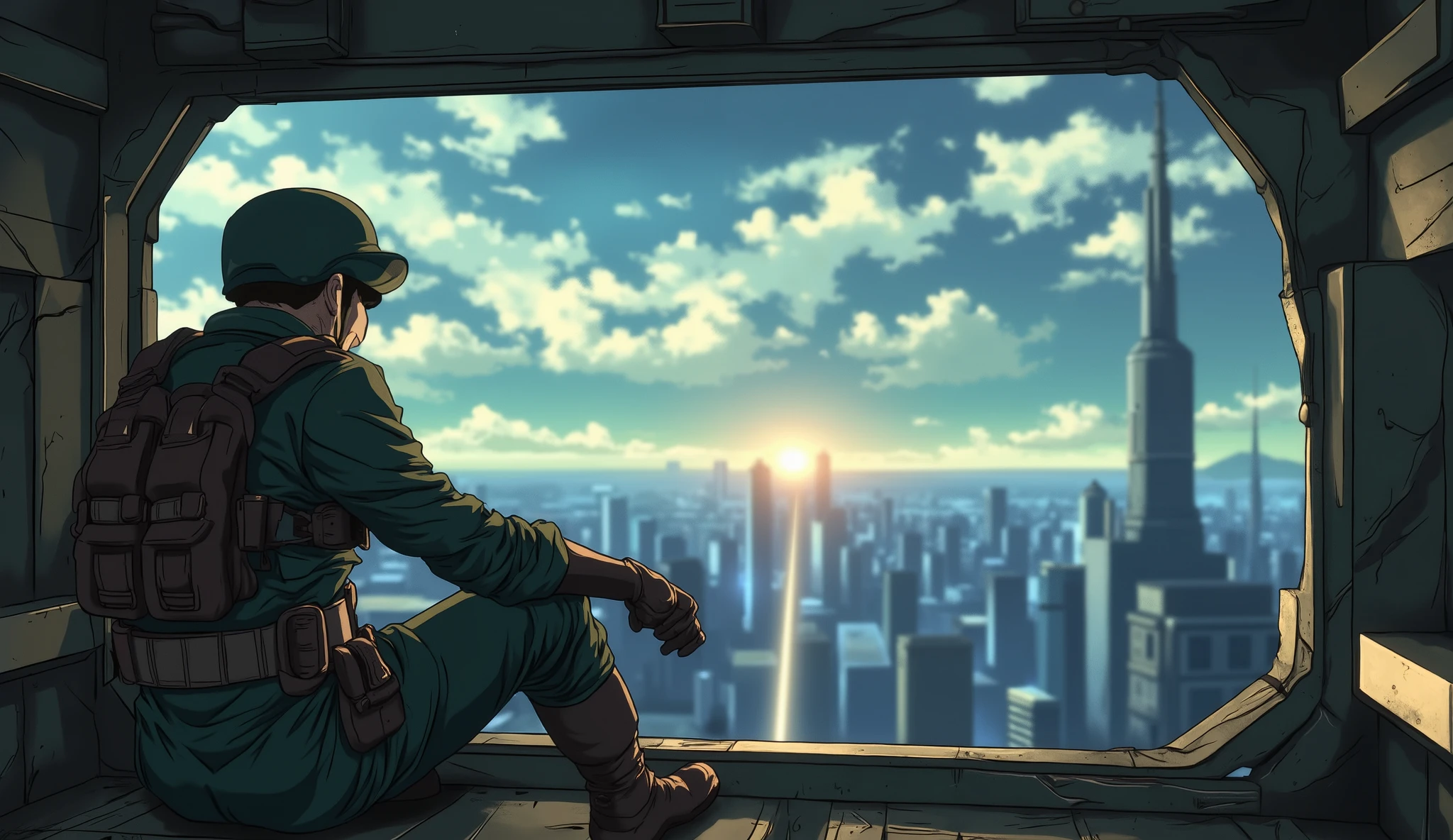 A soldier looking from a sniper tower at a metropolis at dusk. intricate details of the uniform: wear, buckles and leather. urban setting.. side view