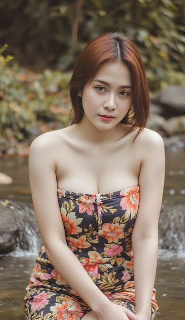 in muted colour pastel theme vintage features reminiscent of the 1960s, a seductive Thai woman, beautiful large droopy breasts, red-brown hair is slightly tousled, wearing a floral  Thai pattern sarong ,taking  a bath by stream ,very cinematic, medium long shot, elegance pose