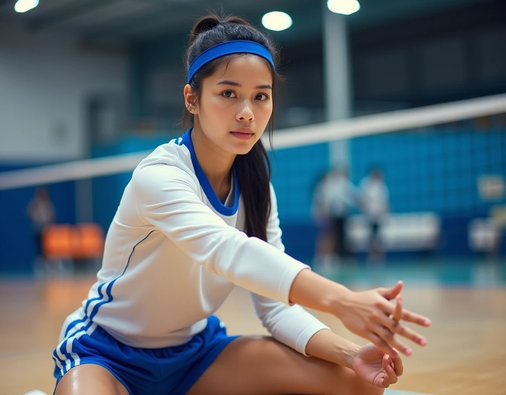 "Professional photography of a beautiful 20-year-old volleyball player is stretching. She has fair skin and black hair tied in a ponytail, and a sports headband on her forehead. Her eyes are bright black. She is wearing a volleyball uniform, with a white long-sleeved shirt with a cobalt blue stripe. She is wearing cobalt blue lycra shorts, which shape her athletic body. She is on an indoor sports court, squatting, stretching her legs. Multi-sports gym, artificial light, shallow depth of field, bright colors, long shot."