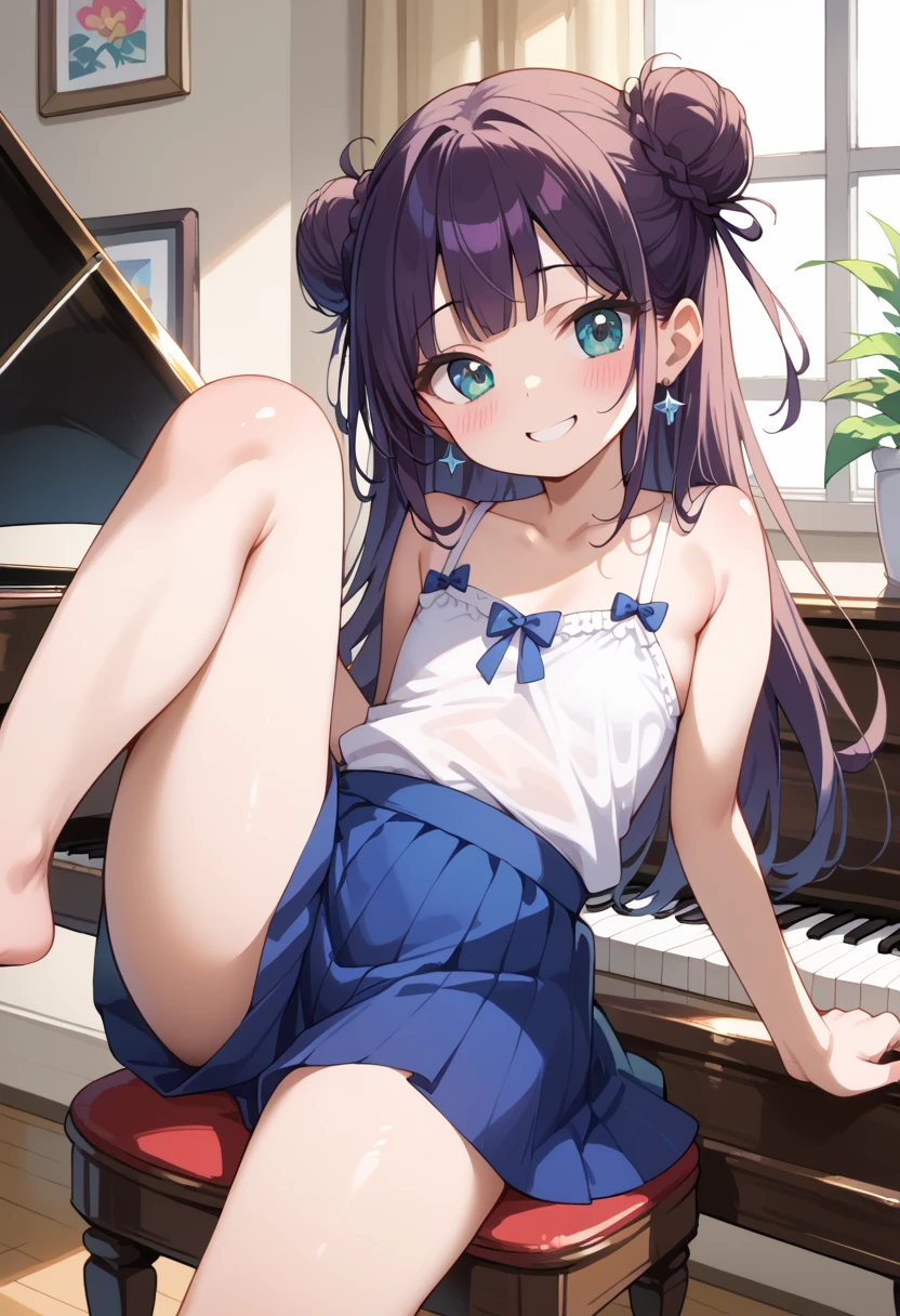 (( best quality )), ((masterpiece)), (be familiar with),  perfect face, indoor, bedroom,  watching viewers ,
One woman, I was,
開いた口,  ecstatic expression beside the piano, blush, smile,
 small tits,  flat chest, Young girl, Lori,  s,  girl,
 long hair,  twin bun hair ,
Leg spread,