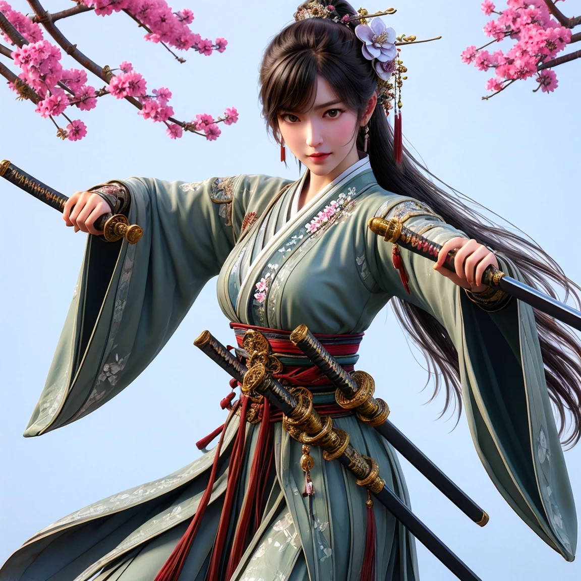  NINJA GIRL IN A NINJA DRESS,  Purple Butterfly , Japanese Sword , Anime .The background has plum blossoms, blooming in abundance, alternating with fresh green leaves. There is also a large white crane.There are many plum trees with many flowers blooming, it looks like a real plum forest.