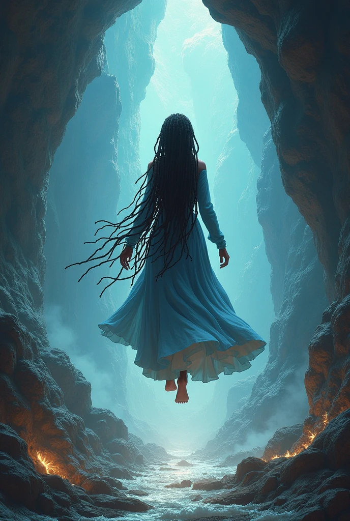 Raising hell creating discord, storytelling artwork, little characters, horror movie scene, blue and yellow, royal blue and golden yellow, 4D, 8K, photorealistic, dreamlike, silhouette of a woman dress, big and complex composition, masterpiece, artwork by Beksinski, artwork by Bernie Wrightson