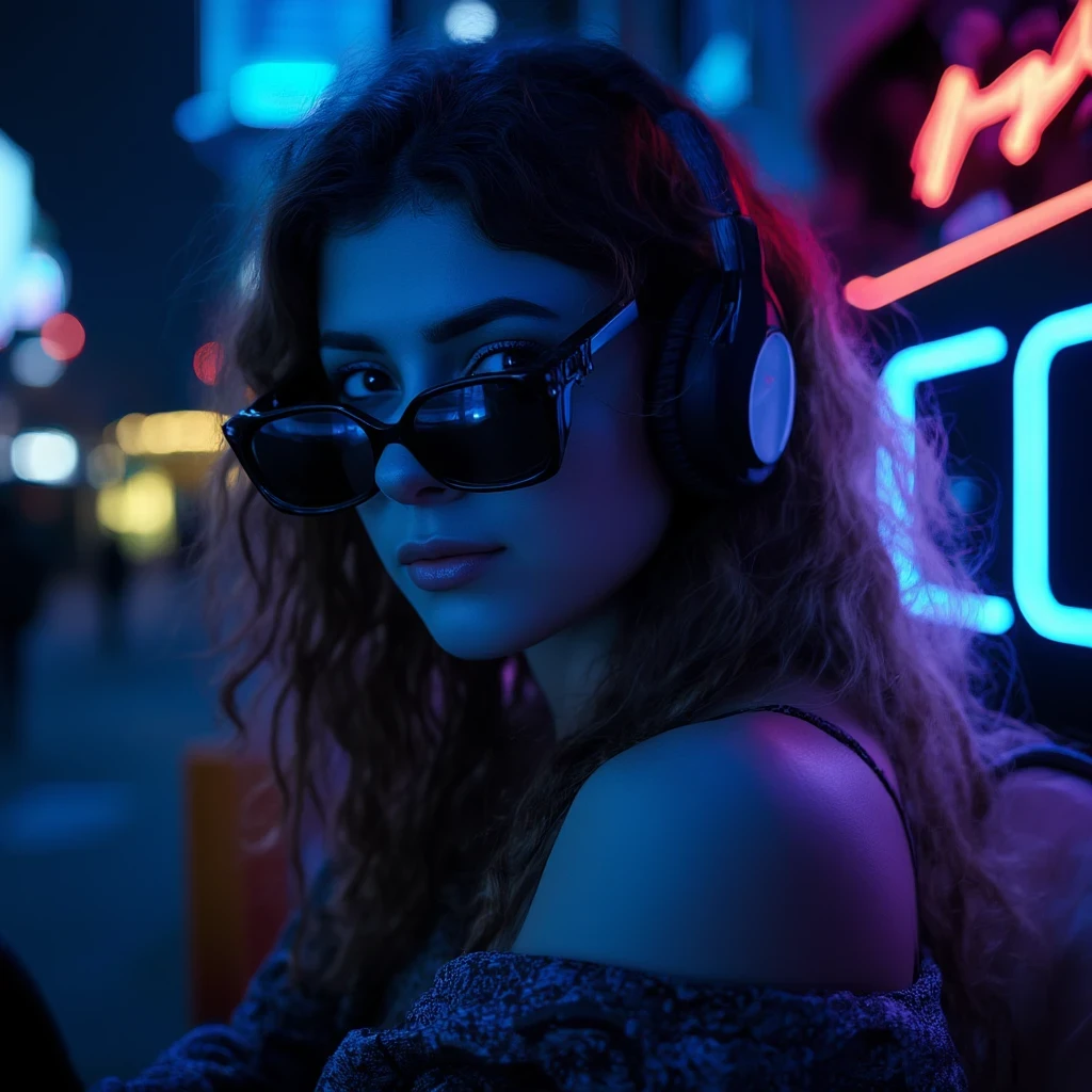 Brown hair . beautiful woman with curly hair and sunglasses wearing full size headphones - ear piece or surround dark room neon cyberpunk at night coordinator neon glow