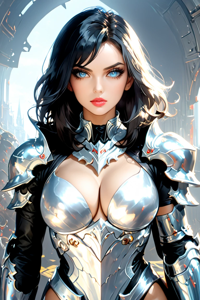 There is an adult European woman in armor , Saint Seiya , Penguin Black and White Cloth, Dark hair, red lips, Eye shadow, natural makeup, long curved hait, beautiful chest, Second Life Avatar, Beautiful screenshot, Second Life, attractive woman, high quality, highly detailed skin, dynamic pose