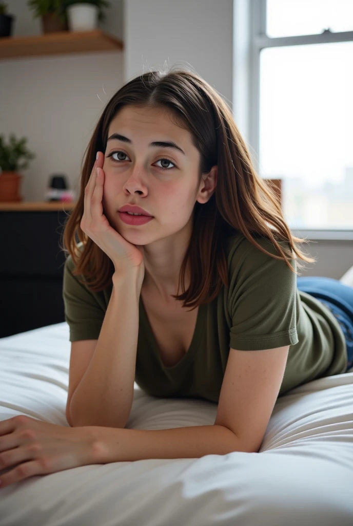 1 woman, A curly-haired brunette in her very messy room with a pill in her hand lying on her bed and her face worried. The image is seen from a distance where the whole piece can be seen.
