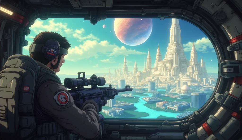 A soldier looking out from a sniper turret at a space city. planets and space objects are seen on the horizon. space atmosphere. retrofuturistic space urban scenery.