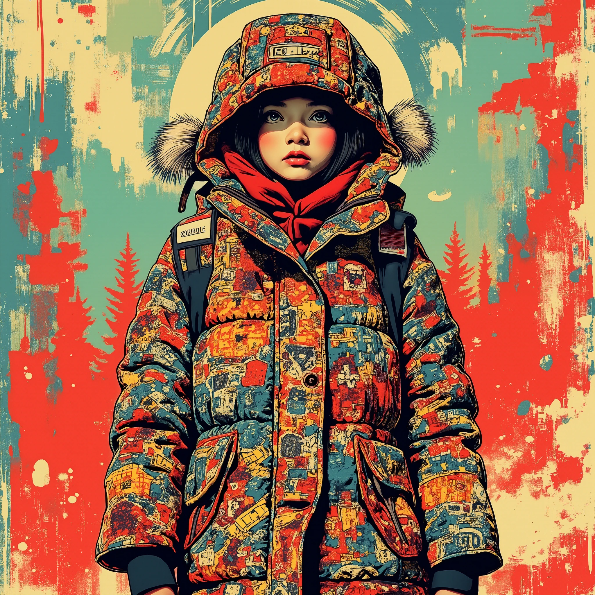 popart,
high contrast,,(masterpiece, best quality:1.2), 1girl,solo, Mountain parka,Houndstooth pattern, flared hem