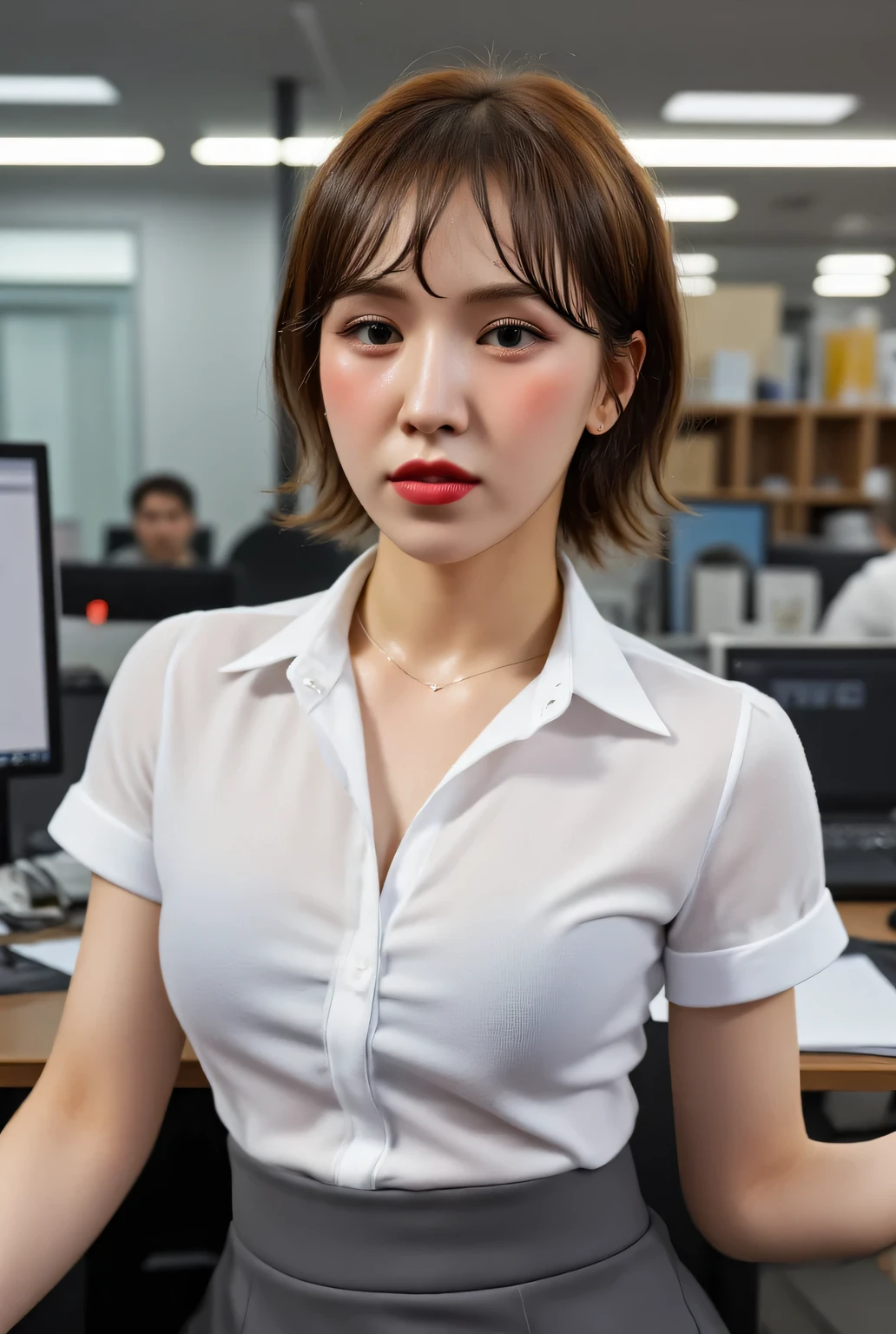    A 25-year-old office lady, sitting in front of , full body view,  using white formal shirt,  black formal skirt bottoms , sweating a lot,  using a cross necklace , dark red lips 