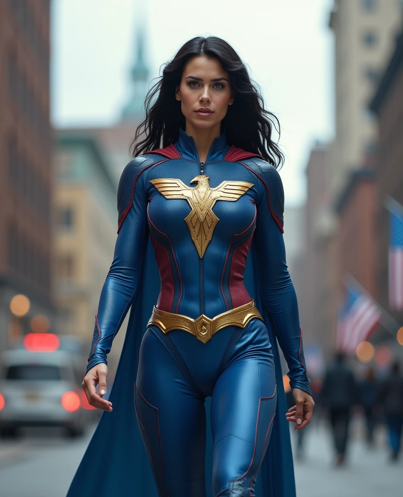 Indian girl as a Captain Marvel on the city street, cinematic light, beautiful woman, skinny, medium breasts, black long hair, detailed face, smile, facing the camera, photo taken from a distance