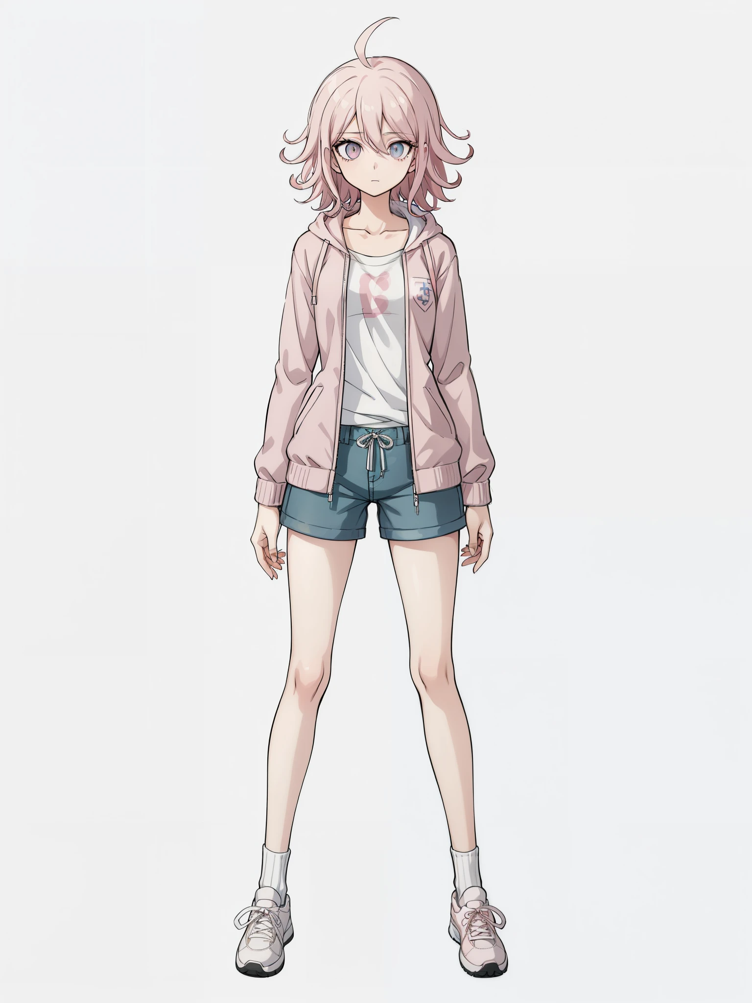 (high-quality, breathtaking),(expressive eyes, perfect face) 1girl, female, solo, young teenager, danganronpa art style, pink color hair, blue eye color, short hair length, fluffy curly wavy hair, Symmetrical Eyes, portrait, sprite, positive expression, grey background, narrow eyes, half open eyes, holding handheld camera, photographer, shutterbug, open jacket, school backpack, pink shirt, white hoodie, baggy denim shorts, slim build, short height, flat chest, small socks, sneakers, mismatched socks, standing straight, facing viewer, looking at viewer