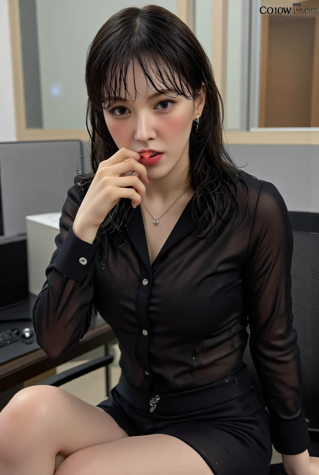    A 25-year-old office lady, sitting in front of , full body view,  use formal shirt color black,  black formal skirt bottoms , sweating a lot,  using a cross necklace , dark red lips , long wet hair,  wet whole body , lip biting finger , seductive expression