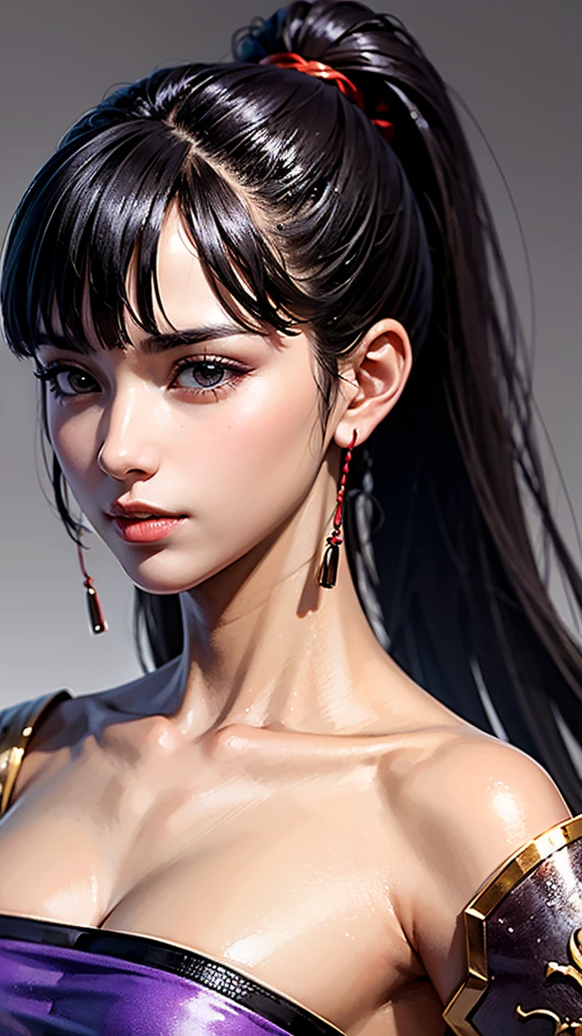  close-up of a woman wearing armor and a purple cloak, 1 person, Wavy Ponytail ,Cleavage , Highly Detailed Face and Skin Textures, looking at camera, perfect beauty: 1.4, fine grain,double eyelids, Whitening, best quality , ultra high definition,  simple background, Chinese Warrior ,Exposed clavicle