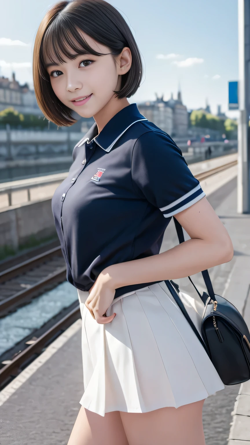(masterpiece, highest quality:1.2), 8K, 12歳full nudeの女の子, 85mm, official art, Raw photo, スーパースリムなスレンダーbeautiful girl, (When I lift up my short navy blue skirt、full nude下Half body, I can see your crotch.:1.8)、short sleeveの白シャツ、show me your ears、naked girl photo shoot、full nude, cute face, close, Half body, biolace, gardenia, beautiful girl, , thighs, short sleeve, stand on the station platform, looking at the viewer, no makeup, (Face with a wry smile), film grain, chromatic aberration, sharp focus, face light, clear lighting, Ten generations, detailed face, background bokeh, (dark red tie:1.1)、((((((12 year old girl with a small waist))))))、((((((12歳の美しい美乳のfull nude女子高生)))))、mouth open and drooling、Feeling of weakness
