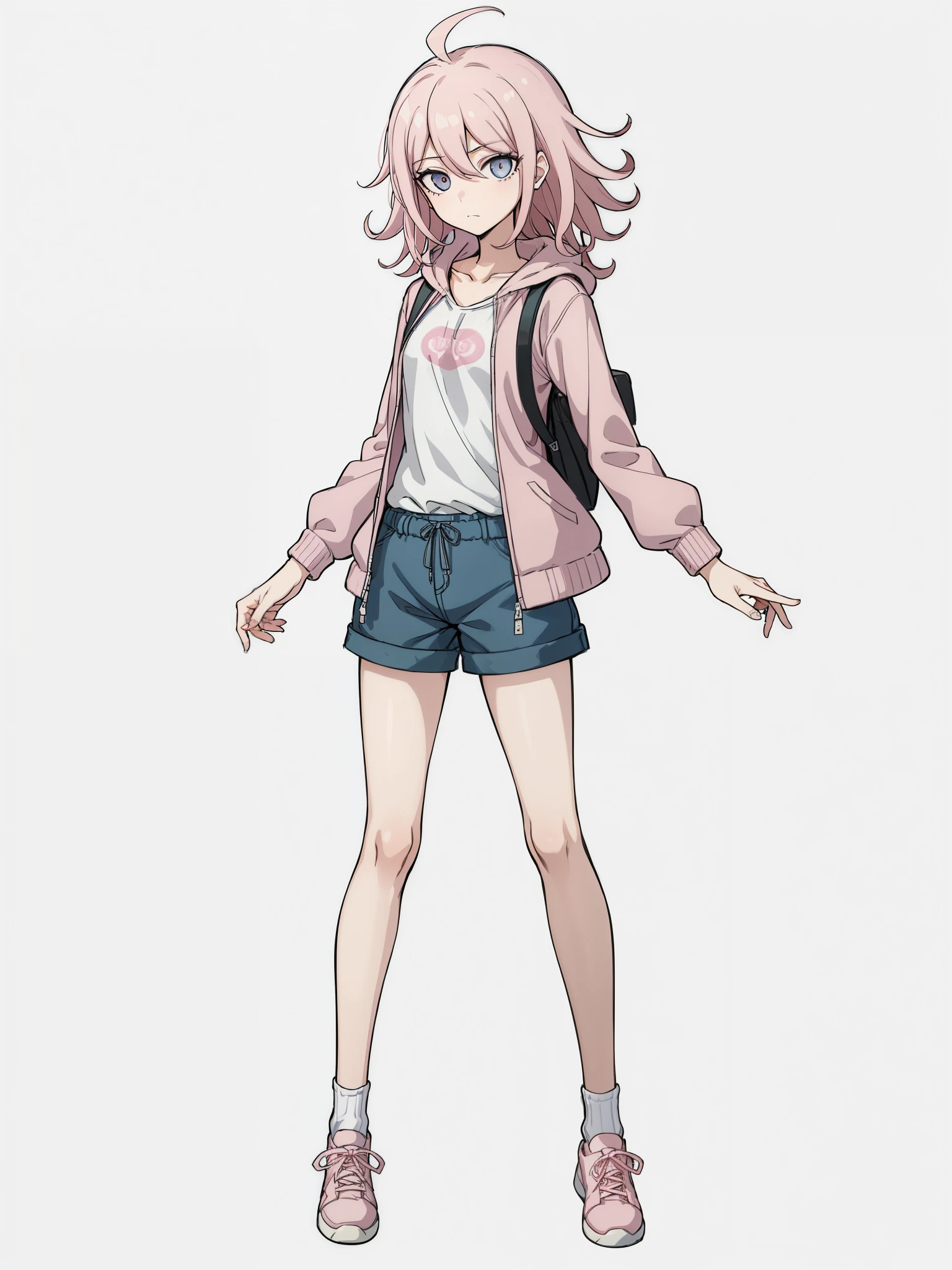 (high-quality, breathtaking),(expressive eyes, perfect face) 1girl, female, solo, young ager, danganronpa art style, pink color hair, blue eye color, short hair length, fluffy curly wavy hair, Symmetrical Eyes, portrait, sprite, positive expression, grey background, narrow eyes, half open eyes, holding handheld camera, photographer, shutterbug, open jacket, school backpack, pink shirt, white hoodie, baggy denim shorts, slim build, short height, flat chest, small socks, sneakers, mismatched socks, standing straight, facing viewer, looking at viewer
