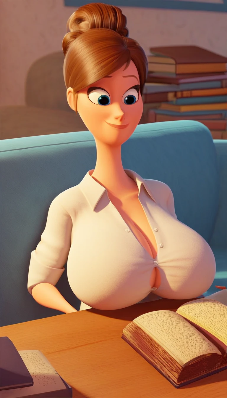 The incredible, Helen Parr:1.3, 3d:1.1, futanari,pau futanari:2.0, huge cock dress:2.0, long cock:2.0,cock giants:2.0,cock colossal:2.0,huge breasts, public, sitting on the chair, being praised, white shirt, short micro ultra, black short micro ultra , public titjob:2.1, cumshot