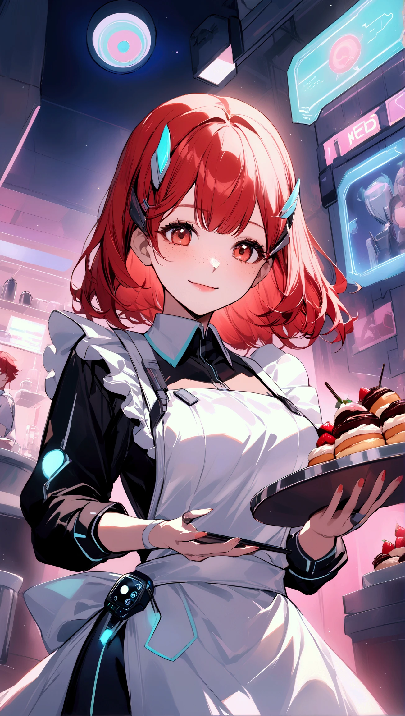  El Café Futurista A girl with red hair and freckles,  wearing a maid uniform inspired by a futuristic design ,  she is in a technological café full of neon lights and metal furniture .  Her outfit includes geometric details and a shiny apron , according to the atmosphere of the place .  with a tray in hand ,  she wears desserts decorated with holograms while smiling confidently at customers,  interacting with a small robot assistant that makes her work easier .