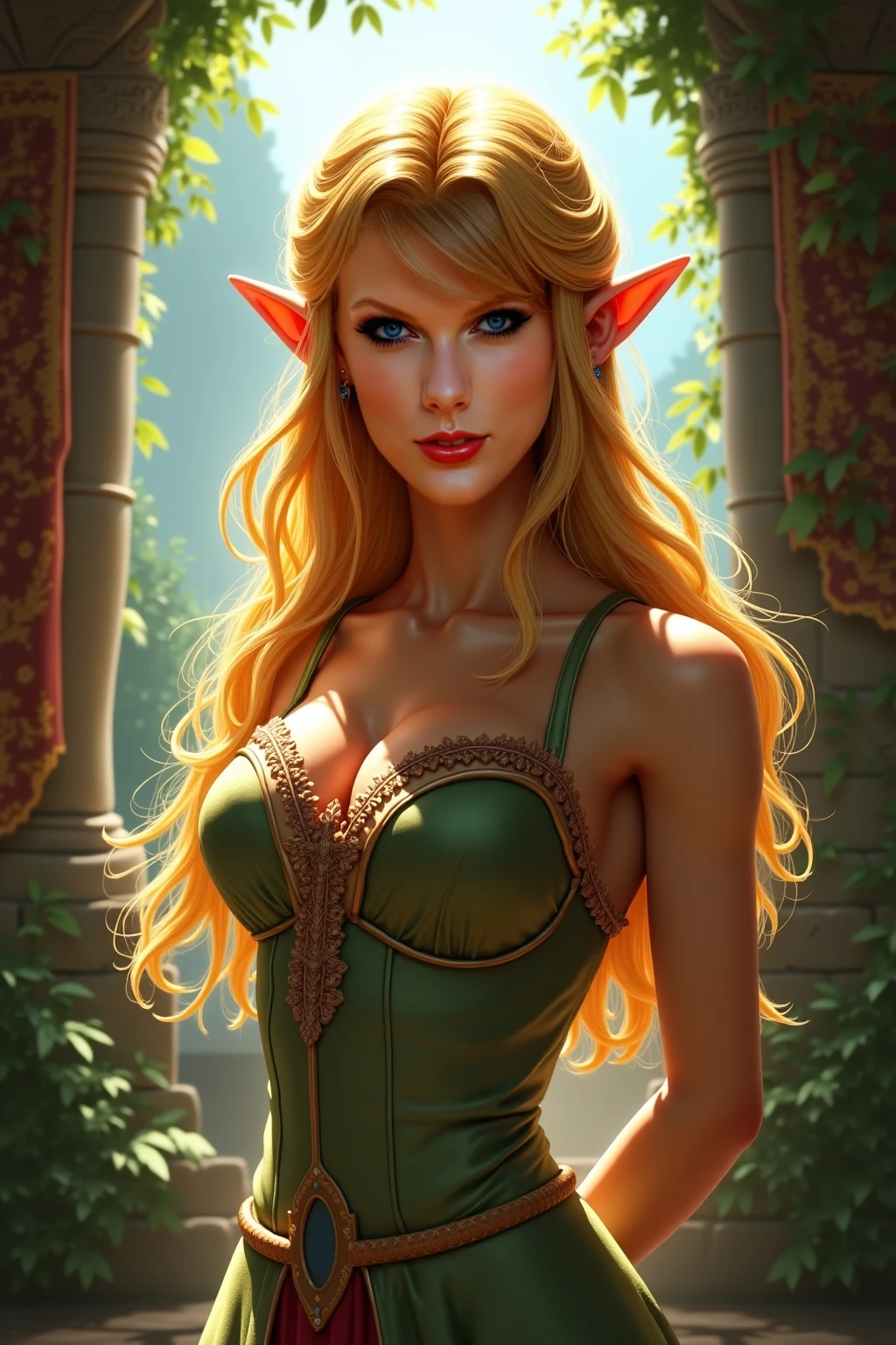 2d,girl , elf, hair rose, withe dress
