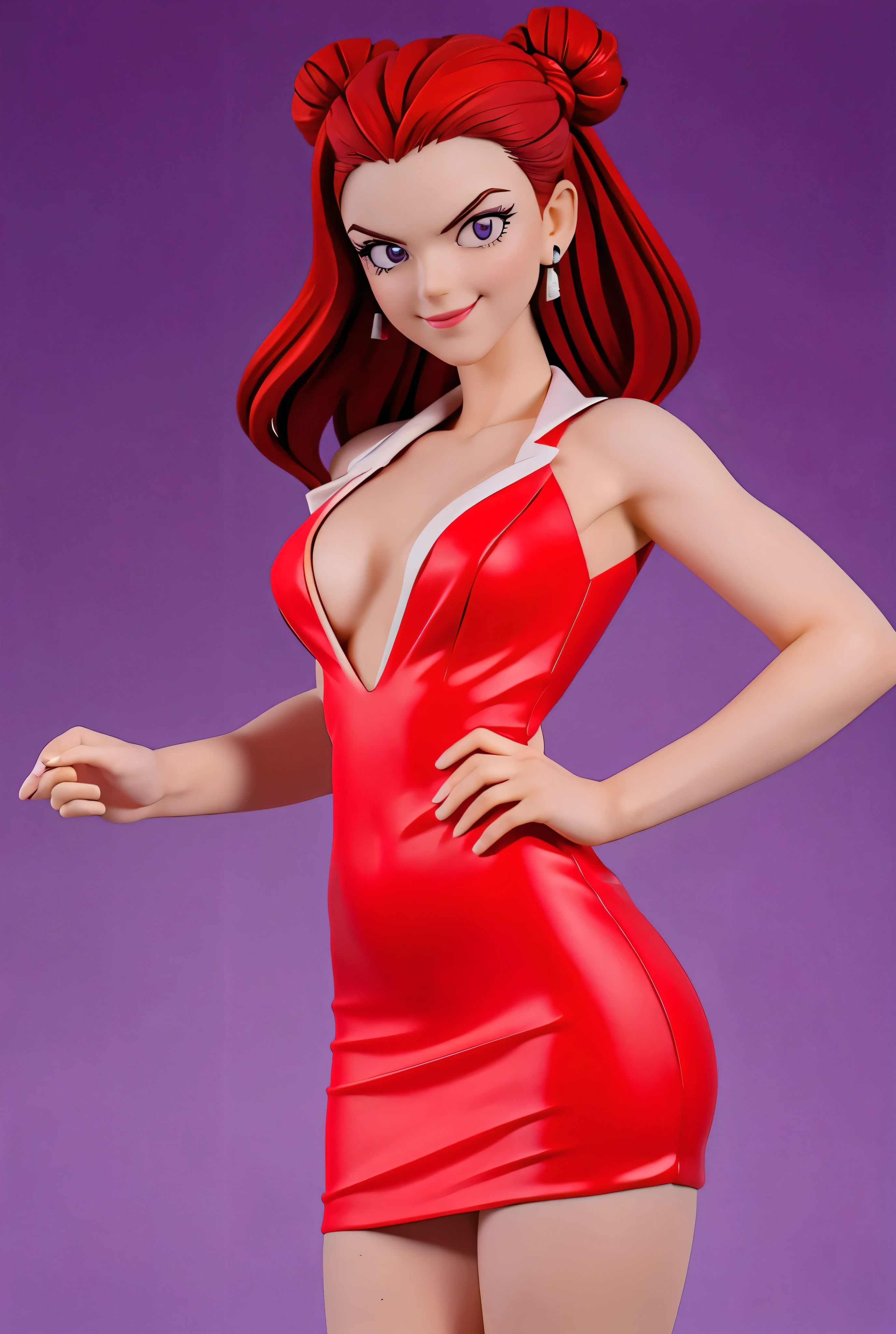 (work of art, best qualityer:1.2), Linda_Flynn Fletcher, 1 girl, jewerly, earAlsogs, standing alone, lipstick, hair elastic, make up, breastsout, large breastsout, hair orange, shorth hair, cross legs,ssmile,Araffe dressed in a sexy outfit posing in a room, Juri Misaki, , in a halloween style, 2b, 2b, cosplay, Also, Juri Han, de Street Fighter, halloween, Trick or treat, Cosplay de garota de anime, sakimichan, cosplay de ayaka, will do, 4K ]