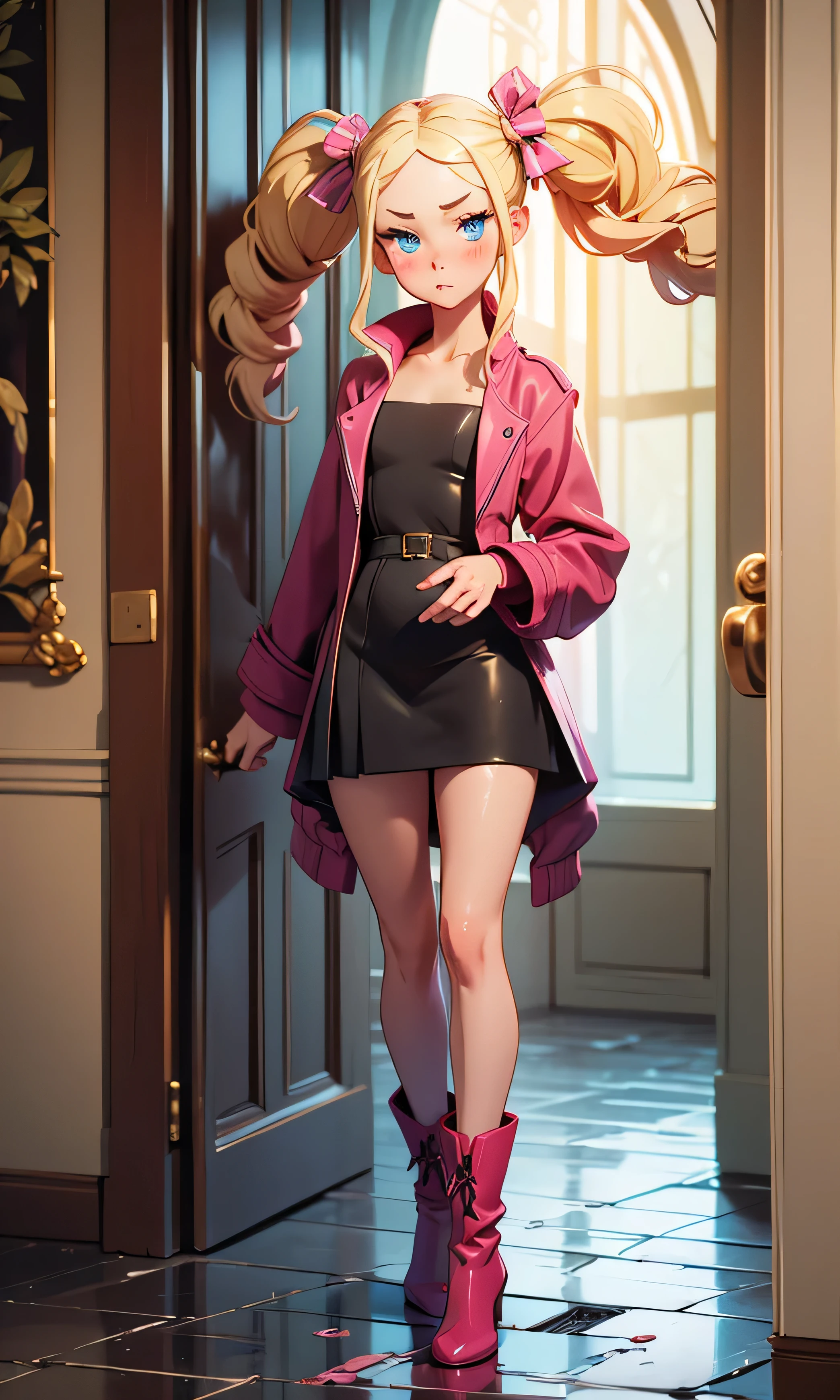 masterpiece, great detail, 1 girl, ite, beatrice, head on, looking at the viewer, slim and tall, blonde hair, two pigtails, blue eyes, textured skin, blush, full body, pretty legs, ((naked)), red boots, pink coat, black dress, sexy pose, long legs, hands against the wall, in a Castle, wet floor,