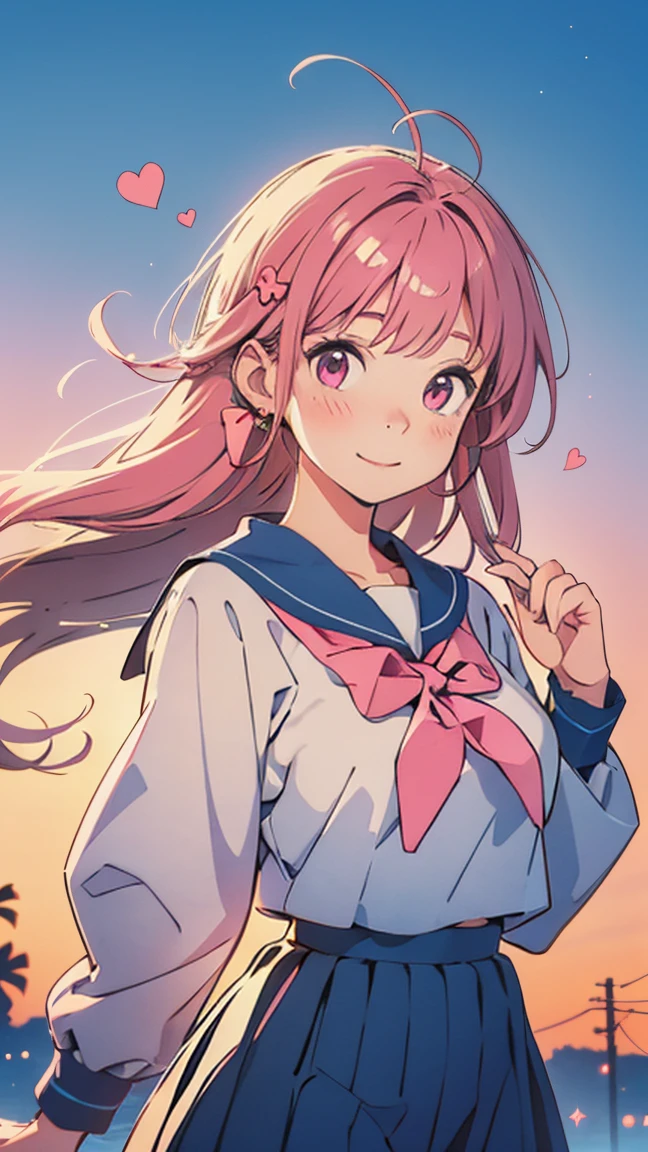 An ultra-cute anime-style idol girl wearing a traditional Japanese school uniform, with a pleated skirt, sailor collar, and ribbon bow. She has sparkling big eyes, pink blush on her cheeks, and a radiant smile, exuding a charming and energetic personality. Her long, flowing hair is styled with decorative hairpins, and she is posing confidently on a pastel background with glowing sparkles and heart motifs. The lighting is soft and dreamy, emphasizing her youthful and cheerful appearance. The scene captures a warm and vibrant atmosphere, perfect for an idol in a kawaii and moe setting.