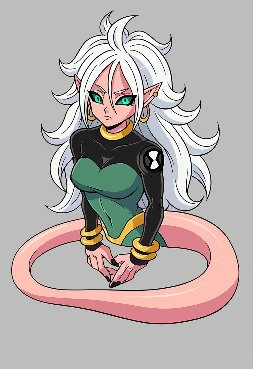 score_9_up, android 21, majin, pink skin,  Pointed ears , Majin's eyes , green eyes,  Long hair ,  white hair,  majin tail , I10, Insignia, omnivers suit, green shirt, Big boobs