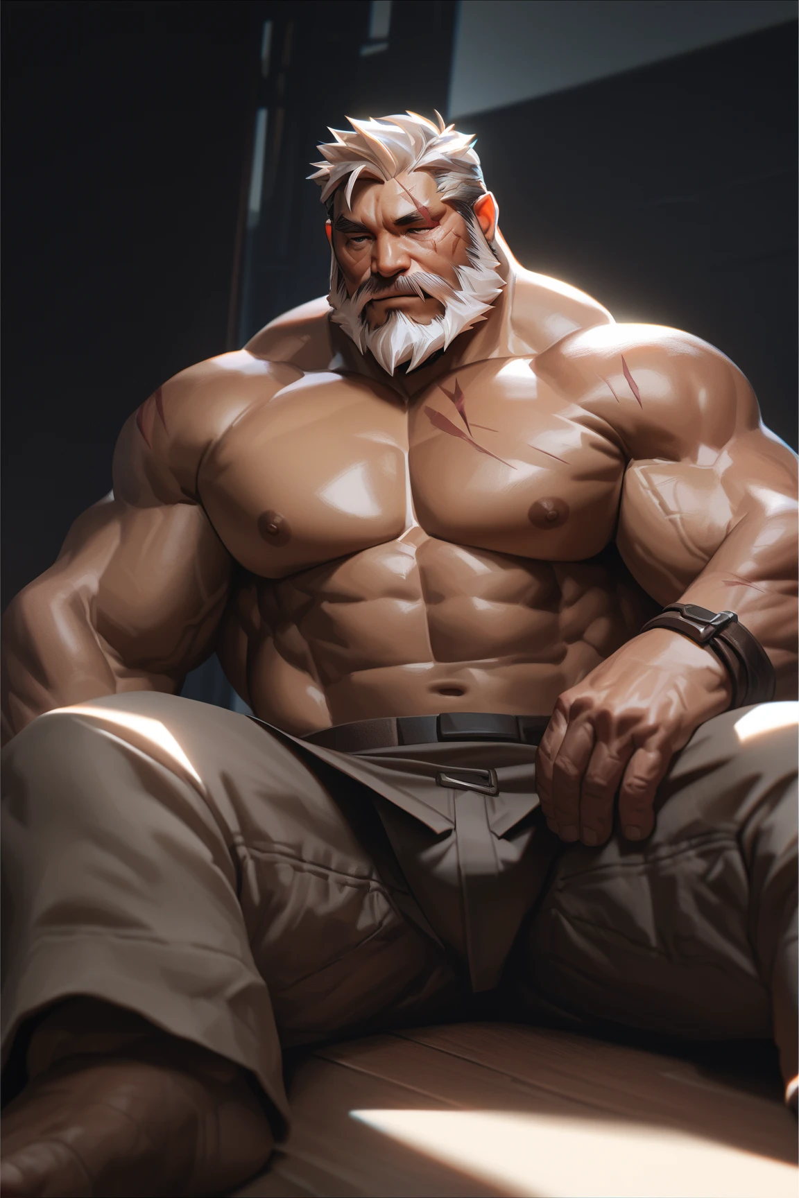 A man sitting on a stool playing piano, naked, 1 boy, muscular, mature, sexy, black panties, scars, big in bed, looking at the audience, sexy, mature, gray hair, bedroom, 4k, thick muscles, black stockings, white hair, dad, in the bedroom of single man, smelly socks scattered, black socks, photo, beard