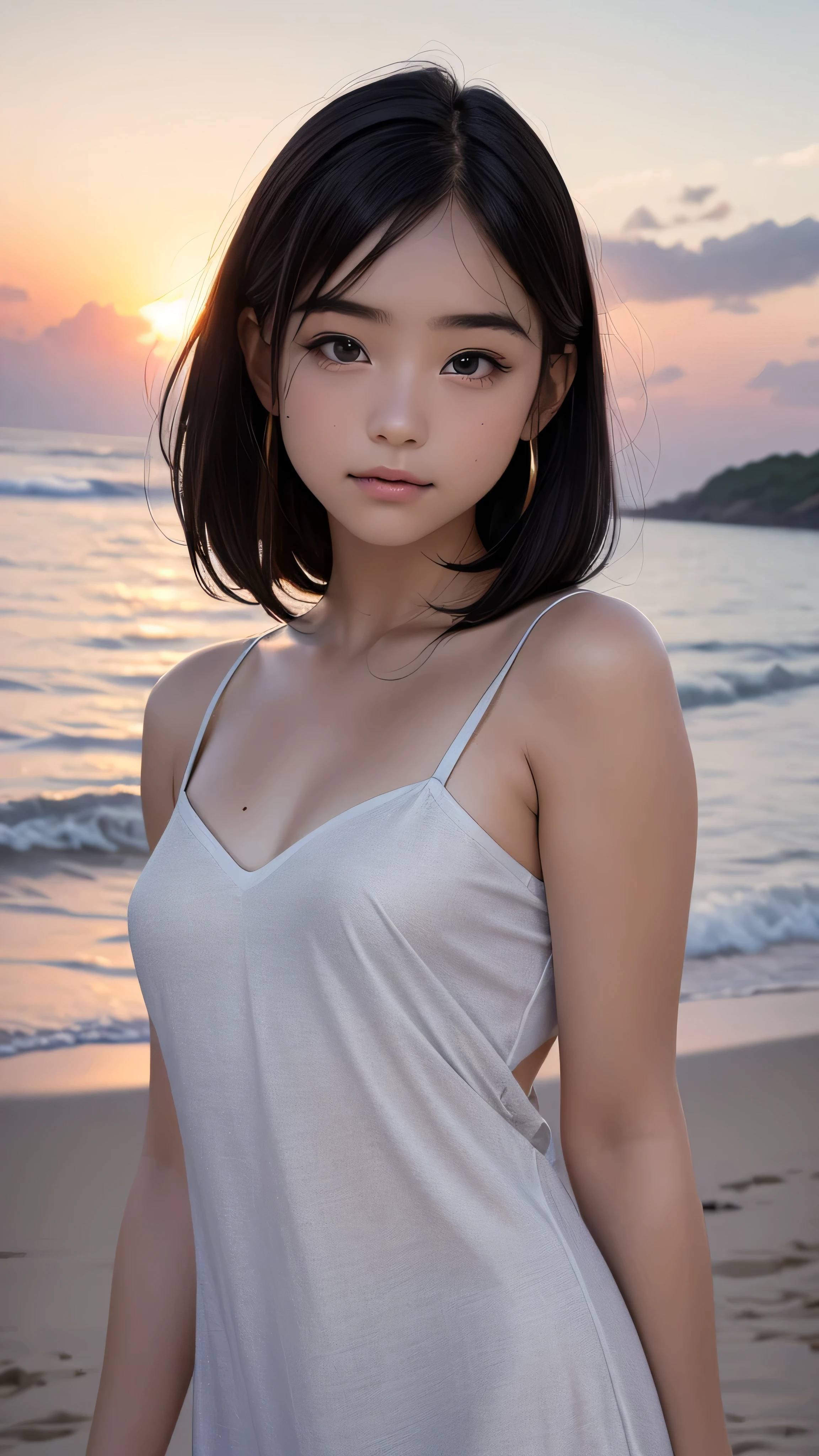 one girl, (12years old:1.4),(Very Young Face), (japan Person famous idol), face, cute face, ash gray hair:1.5, bob hair, short hair, camera's line of sight, small breasts, An ennui look, (((camisole, dress))) , particles of light, sea of ​​sunset, calm sea, white sand beach, very beautiful sunset, RAW photo, highest quality, High resolution, High resolution, masterpiece:1.3, 32k, professional photographer,(Enhances the beauty of skin texture:1.1),((Extremely precise and accurate anatomy:1.0)),Kind eyes,Graceful pose,(Beauty of form:1.4) Golden ratio, big eye,(nature's providence:1.4),