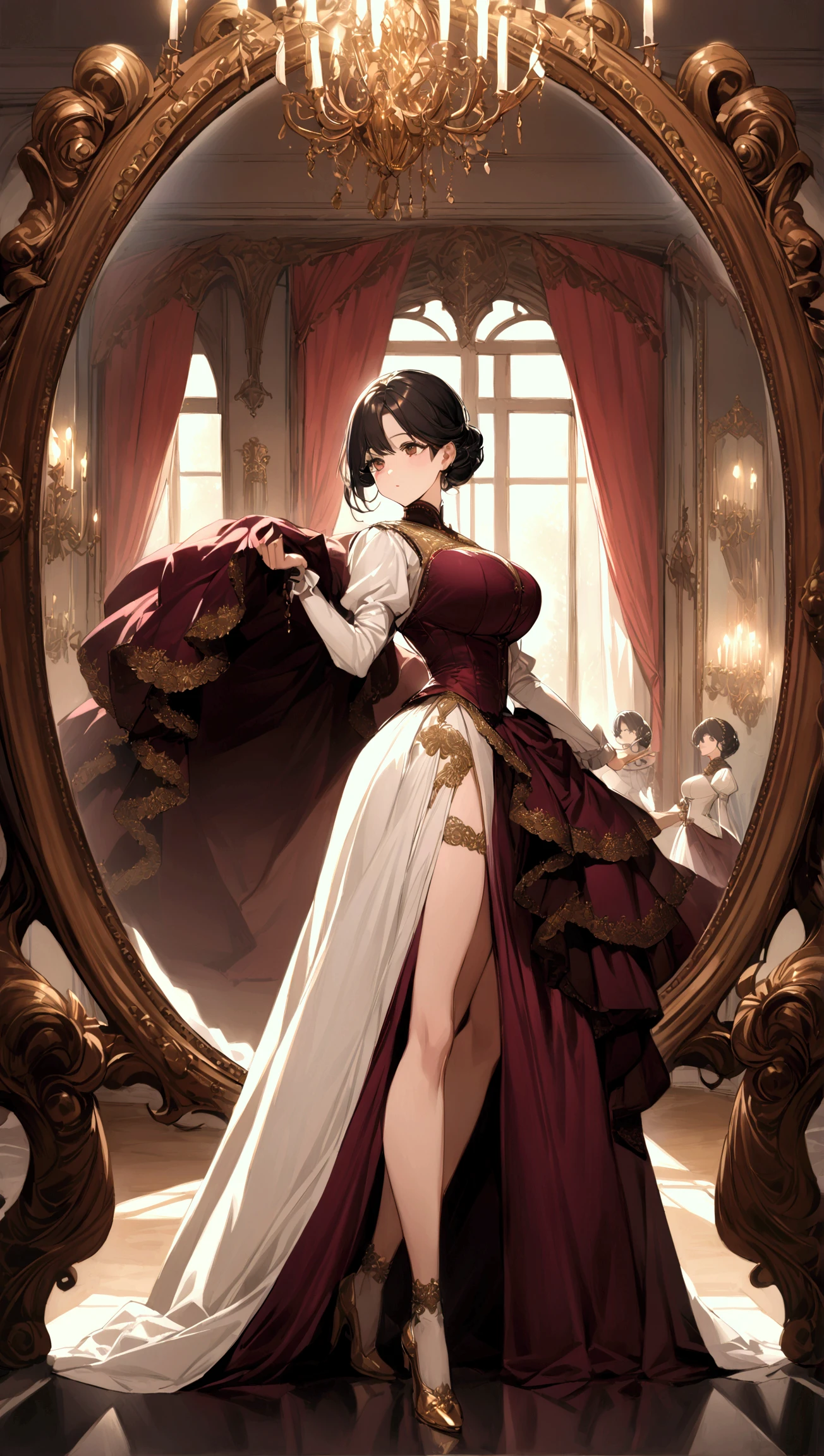  The Mirror of the Great Hall In a large ballroom with bright chandeliers,  a girl with huge breasts thighs and butt , with black hair and deep eyes ,  dressed in a Victorian-style uniform in shades of wine and gold ,  carefully polishes a huge ornate mirror .  Her movements are elegant ,  and her face reflects a mix of concentration and satisfaction . , the living room light highlights the intricate details of her outfit and the shine of the mirror., , completing the scene with an air of nostalgia and splendour .