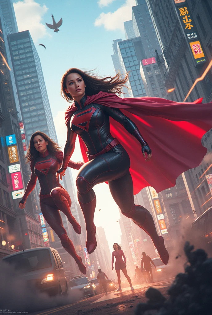 A powerful female superhero wearing red, In the sky of a bustling metropolis,She is beautiful and sexy,Overlooking everything(whole body) ,whole body照, Hero Action Poses, Cinematic, Ultra Detailed, 16k resolution):,John Busema (John Buscema) Best Style ,