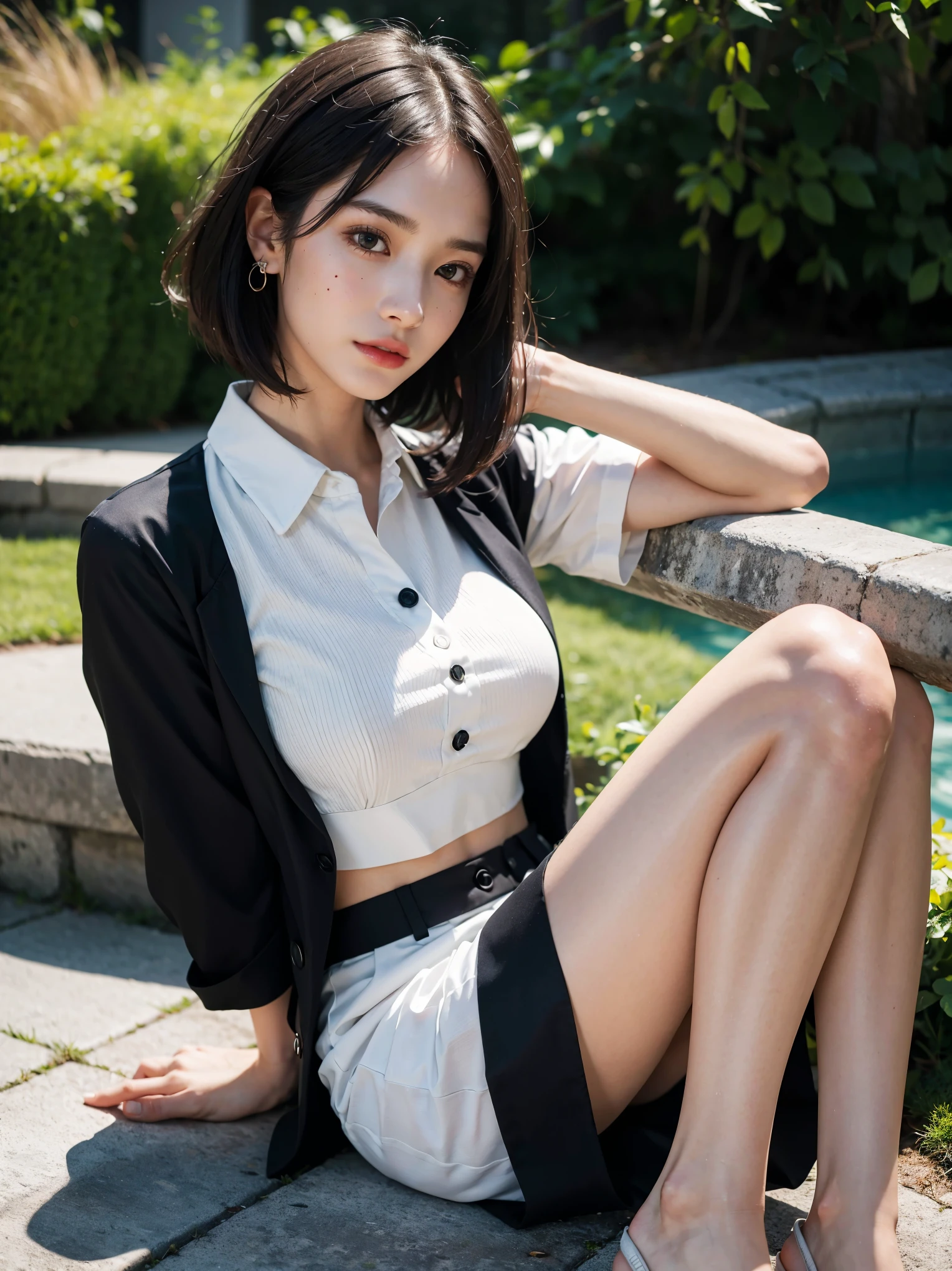 Everyone is captivated, you are the perfect and ultimate idol, you don't appear in the golden ring, the reincarnation of the most star, I love you with that smile, everyone will captivate him, the eyes are the words, even if it is a lie, it is a complete eye, ((highest quality, 8k, masterpiece: 1.3)), (sharp focus: 1.2, low angle), beautiful woman with a perfect figure: 1.4, slender abs: 1.2, A pretty woman dancing with her hair fluttering on the lawn of the park, a blazer with a short black leather skirt, white panties peeking out of the skirt, very lively, a big ribbon on the chest, a little devilish smile, brown hair, hot and bright sunlight,