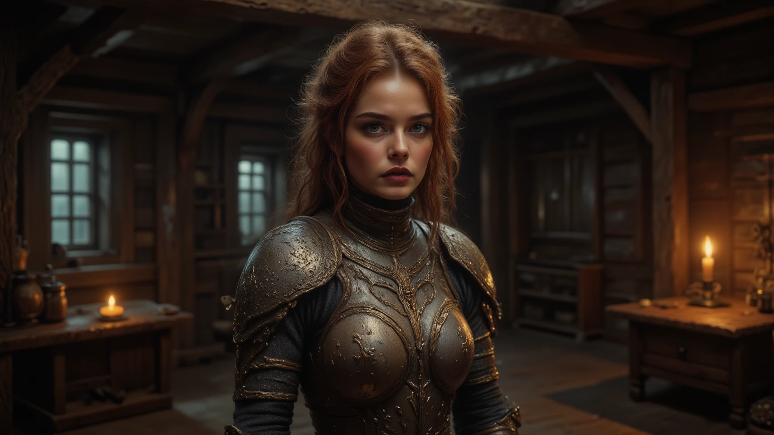 Design a photorealistic image of a young woman dressed in medieval armor, standing in a rustic wooden interior. The armor includes a polished breastplate with intricate engravings, layered over a dark, padded undergarment. Her expression is determined, with strands of her messy, wavy hair framing her face. The room features wooden beams, a small table with a candle, and a window letting in faint natural light. The lighting is warm and atmospheric, with strong contrasts between the armor’s shine and the room’s shadows.