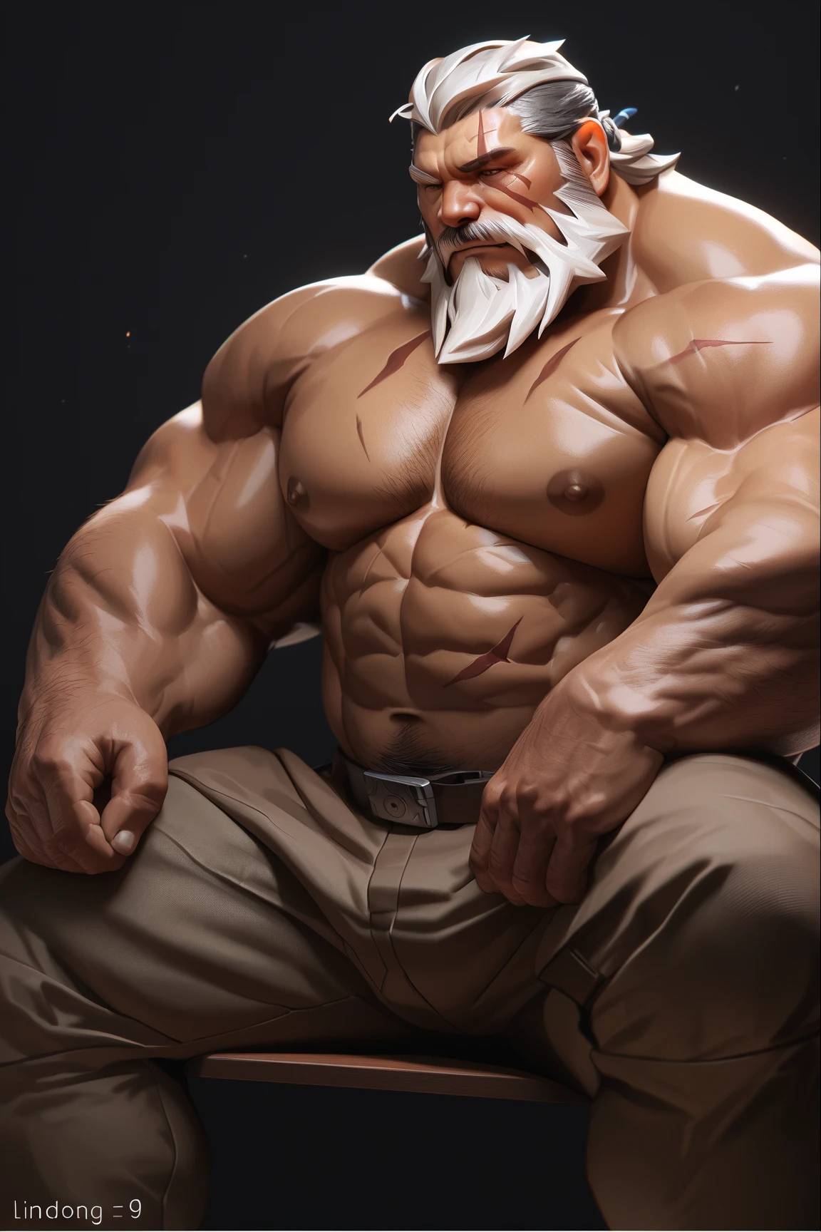 huge muscular old man , black background , wearing shorts, happy, white hair, white beards, masterpiece, semirealistic:1.2, high detailed, 8k, high resolution, perfect center, full view. sixpack