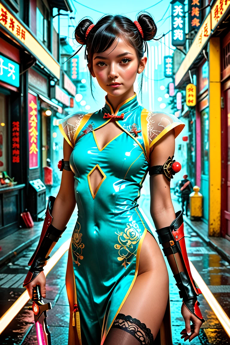 masterpiece, best quality, vibrant, very aesthetic, high contrast, semrealistic, newest, realirtic, photorealistic,
1girl,solo,standing,Compound bow in hand,the other hand get arrow,looking at viewer,black hair,high twintails,black eyes,
turquoise ultra-short high-slit Chinese cheongsam,turquoise china dress,  bodysuit, see-through Laser juliet puff sleeves, (leather arm guards:1.4), tassel, Chinese cloud shoulders,Chinese style moire, belt, thighhighs under boots, chest cutout, Head with red feather decoration, high heels, headphones, sheath,
Compound bow \(weapon\), arrow \(projectile\), quiver,knife,simple background,grey background,
cyberpunk,perfect curves,(pastel colors:1.2),  cyberhanfu,cheongsam,chinese_clothes,Chinese cheongsam,